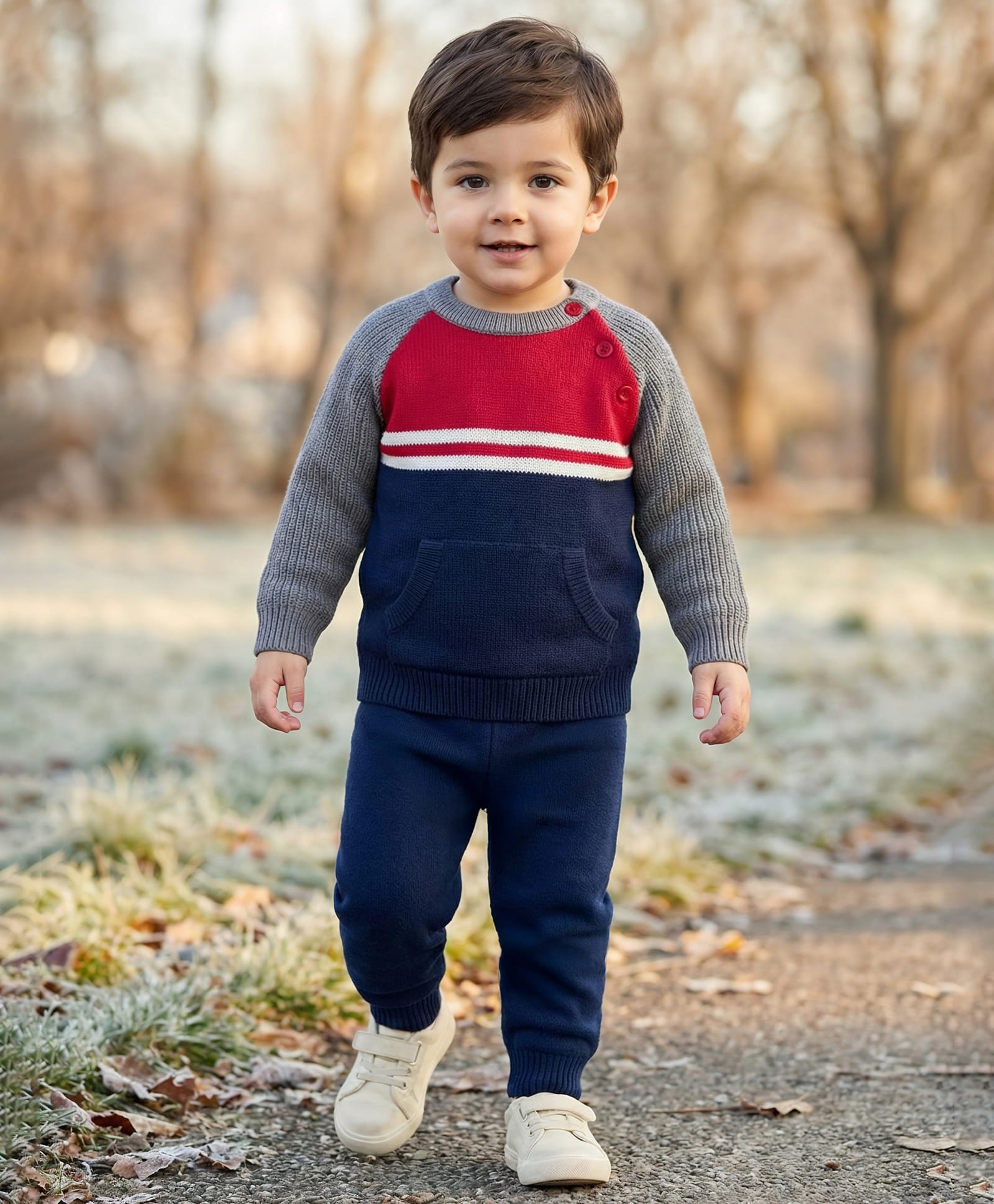 Babyhug Knitted Full Raglan Sleeves Sweater Set With Color Block Design - Navy Blue Red & Grey-image-24