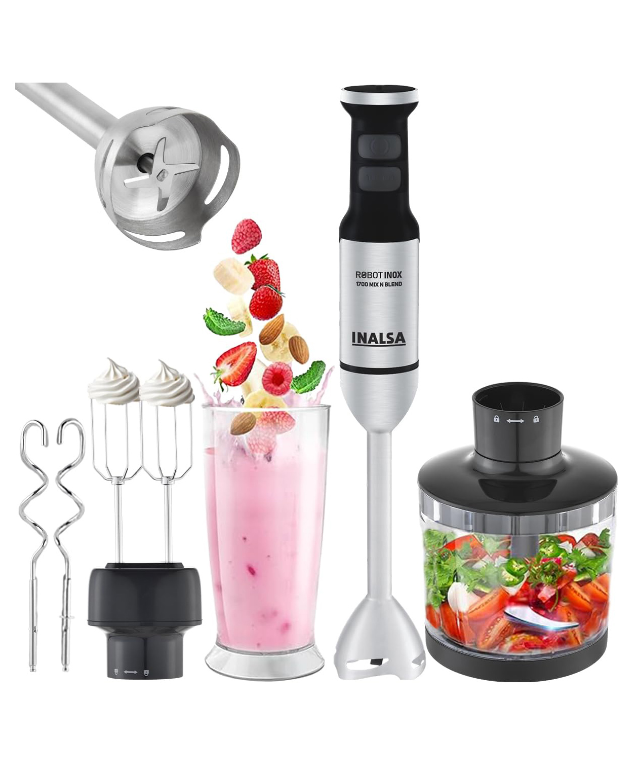INALSA Hand Blender Mixer|1700W Copper Motor|Chopper,Dough Maker,Whisker & Jar Attachment|Low Noise|20 Speed Control & Turbo Function|BPA Free|Anti-Splash, Robot Inox 1700 Mix N Blend-image-11