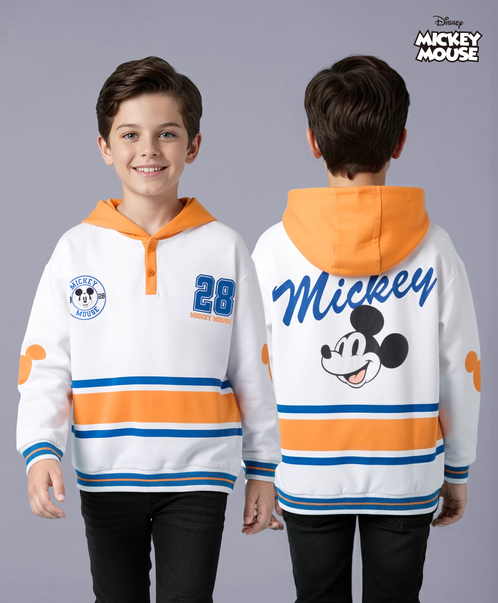 HoneyHap Disney Terry Knit Full Sleeves Hooded Sweatshirt With Front & Back Mickey Mouse Graphics - White & Orange-image-20