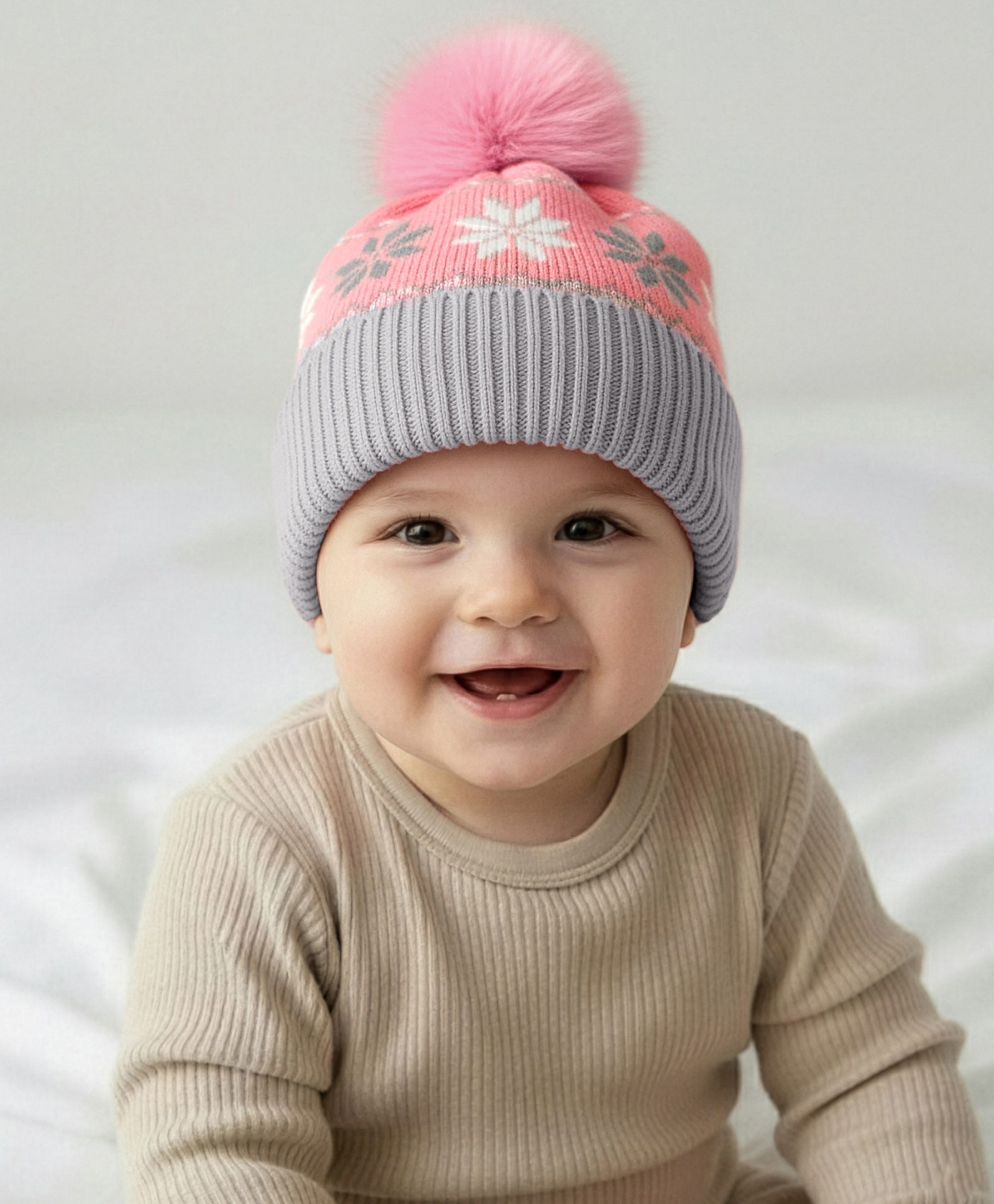 Babyhug Knit Woollen Cap With Floral Design Pink & Grey - Diameter 9 cm
