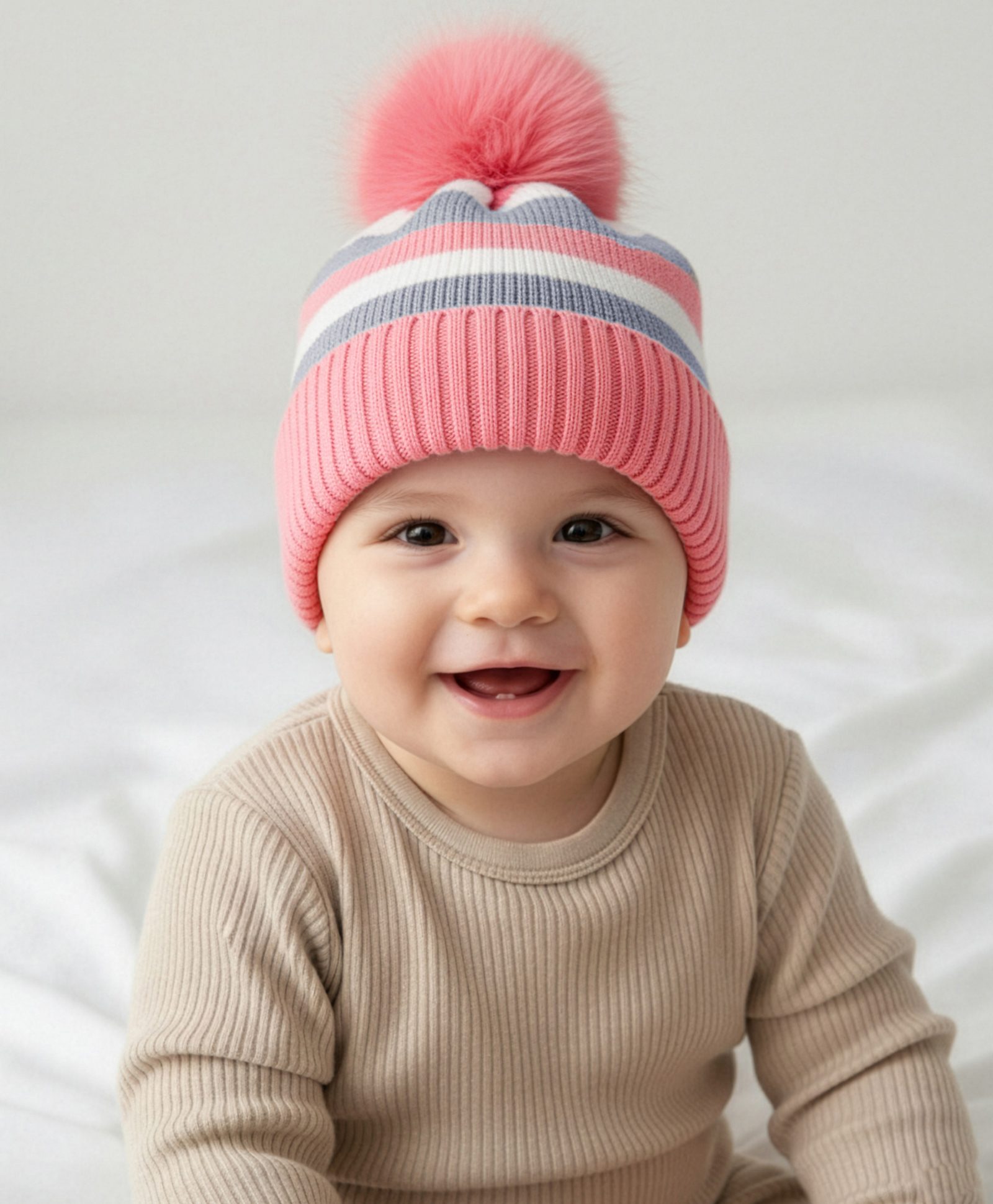 Babyhug Knit Striped Woollen Cap Pink & Grey - Diameter 9 cm-image-47