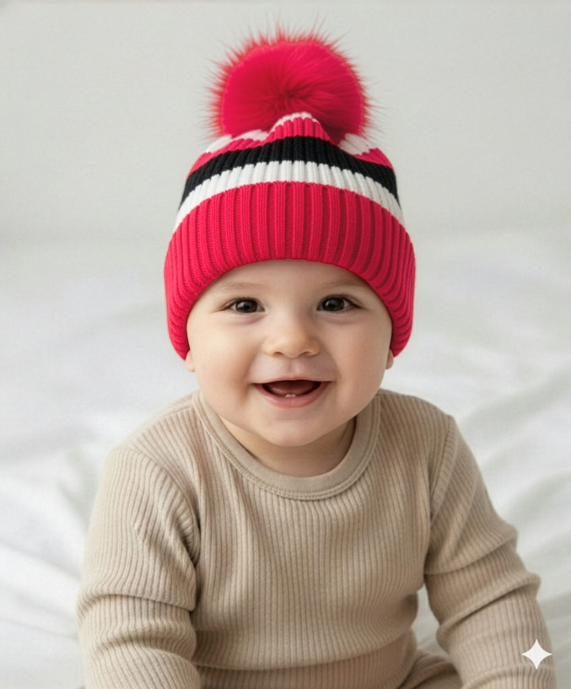 Babyhug Knit Striped Woollen Cap Black Red & White - Diameter 9 cm-image-44