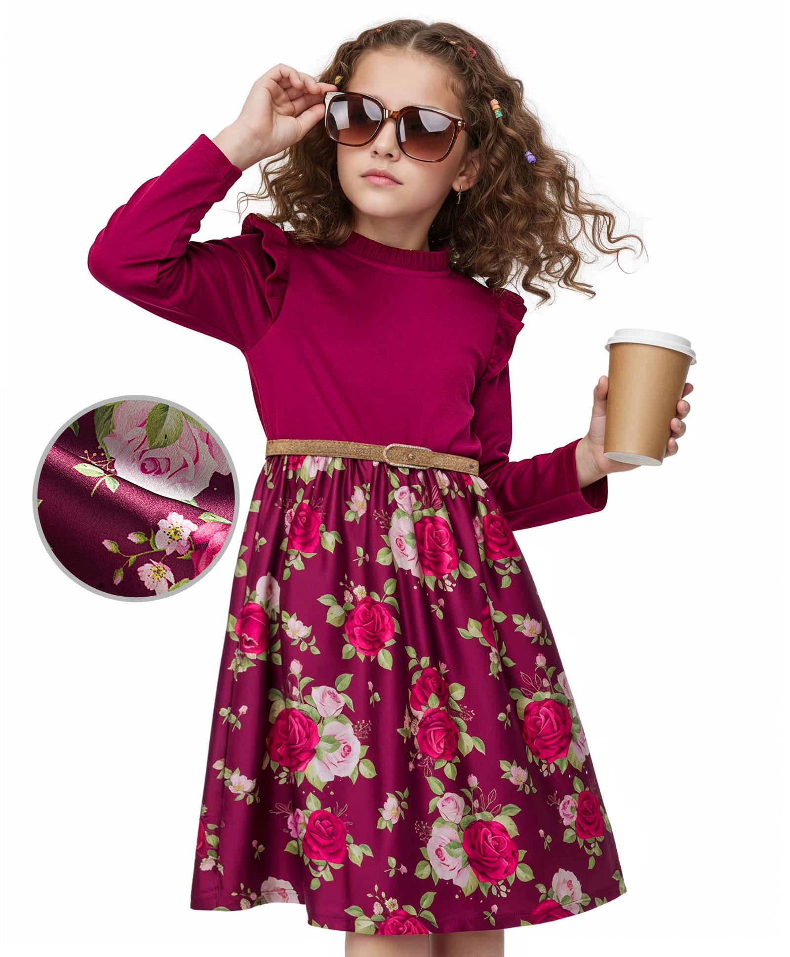 Hola Bonita Woven Three Fourth Sleeves Dress & Belt with Floral Print & Frill Detailing - Marooon-image-13