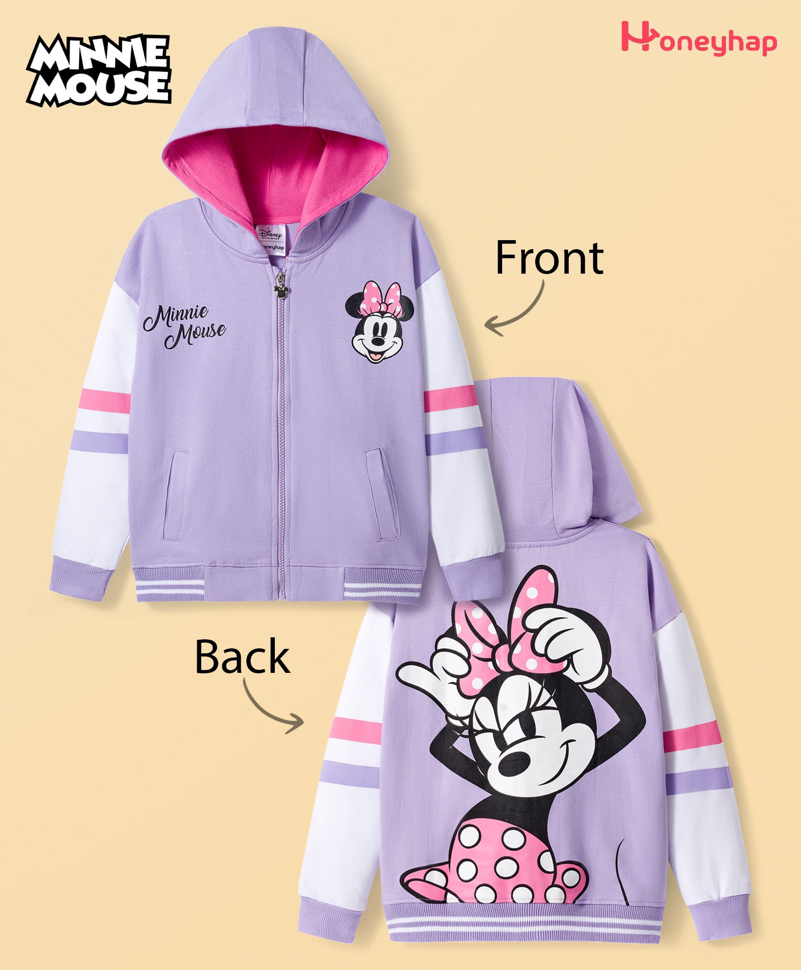 HoneyHap Disney Terry Knit Full Sleeves Hooded SweatJacket With Minnie Mouse Front & Back Graphic - Lavender-image-5