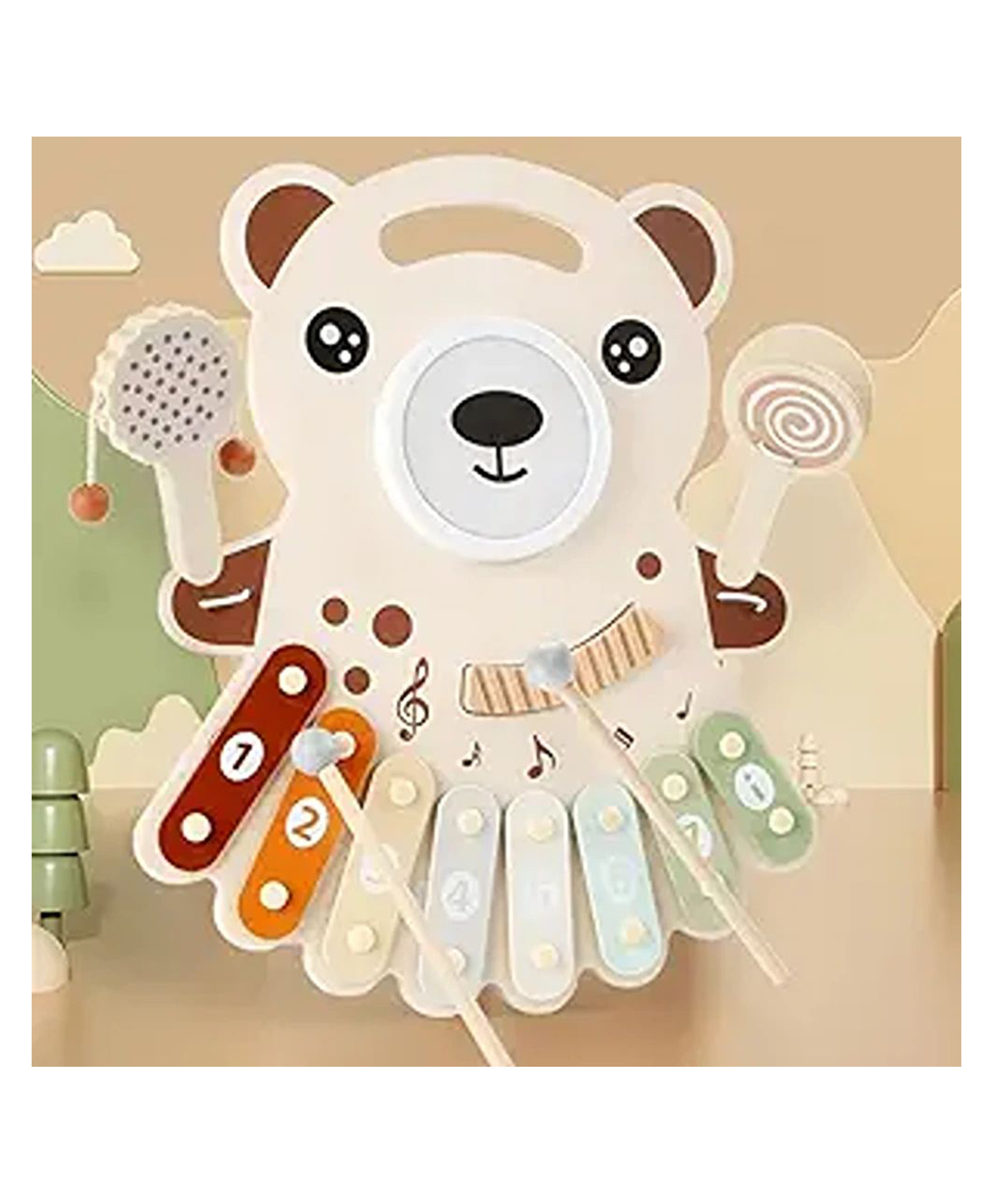 Happy Hues Wooden Bear Multifunctional Musical Percussion Table Drums, Xylophone, Cymbal & Bells Multi-Instrument - 3+ Years-image-15