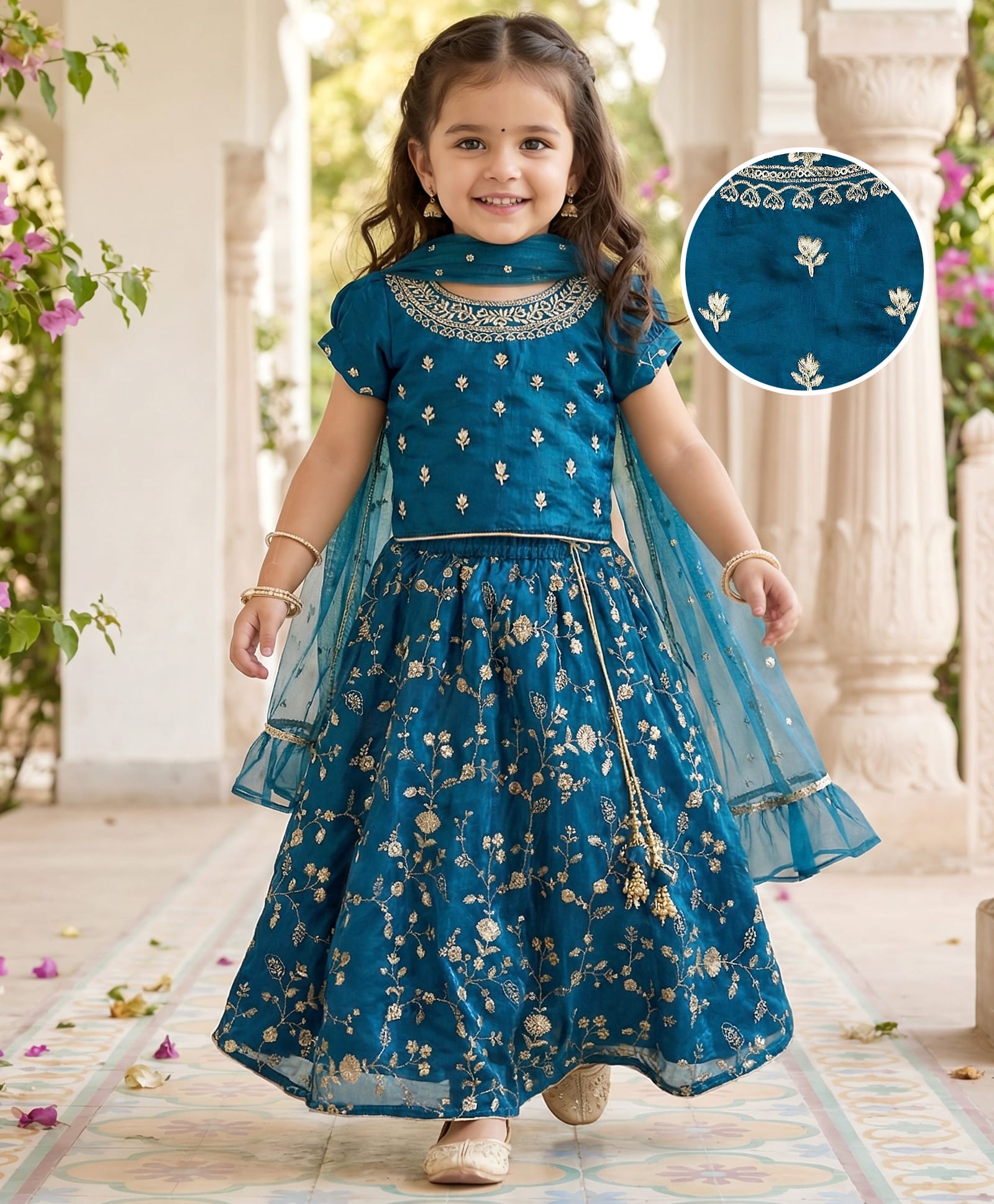 Babyhug Half Puffed Sleeves Choli Lehenga Set with Dupatta & Embroidery - Teal Blue-image-32