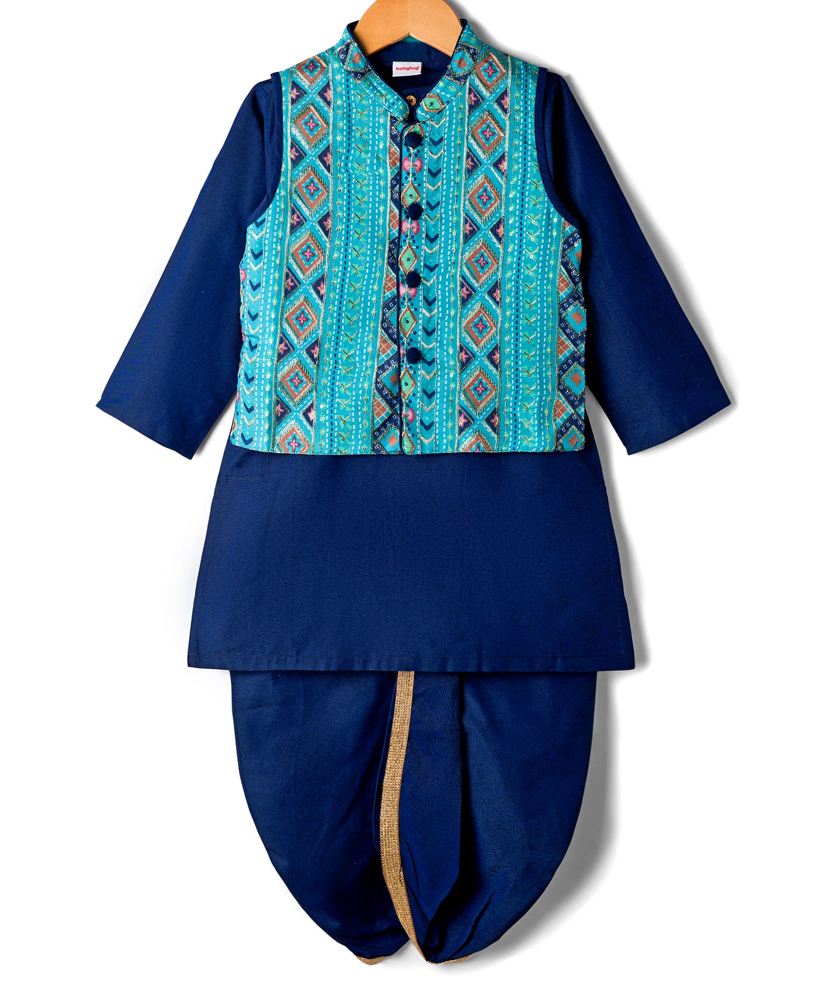 Babyhug Rayon Woven Full Sleeves Kurta Dhoti & Floral Printed Jacket Set - Blue-image-15
