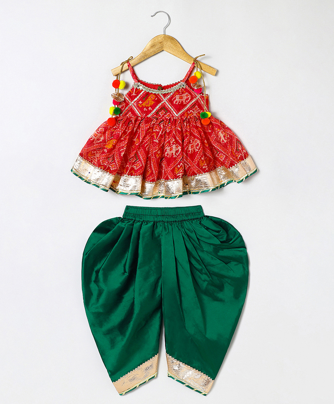 BYB Premium Chiffon Woven Sleeveless Patola Designed Gota Lace & Pom Pom Tassels Embellished Peplum Top & Dhoti Set - Fuchsia-picture-18