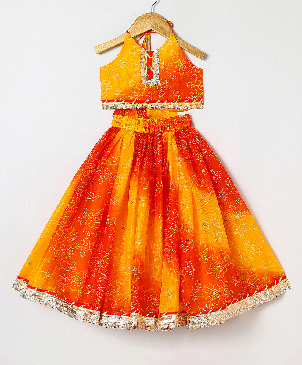 BYB Premium Chiffon Woven Sleeveless Bandhani Designed & Gota Lace Embellished Coordinating Halter Neck Hand Embroidered Lehenga Choli Set - Orange-image-39