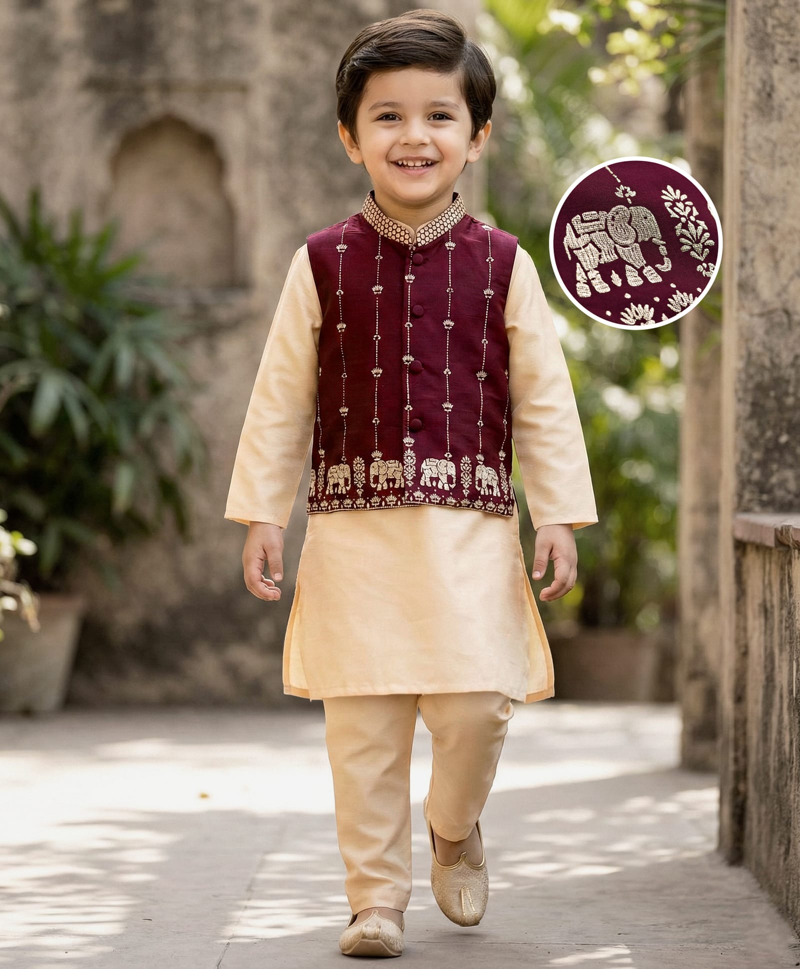 Babyhug Woven Full Sleeves Solid Kurta Payjama Set with Foil Floral & Elephant Printed Nehru Jacket - Maroon