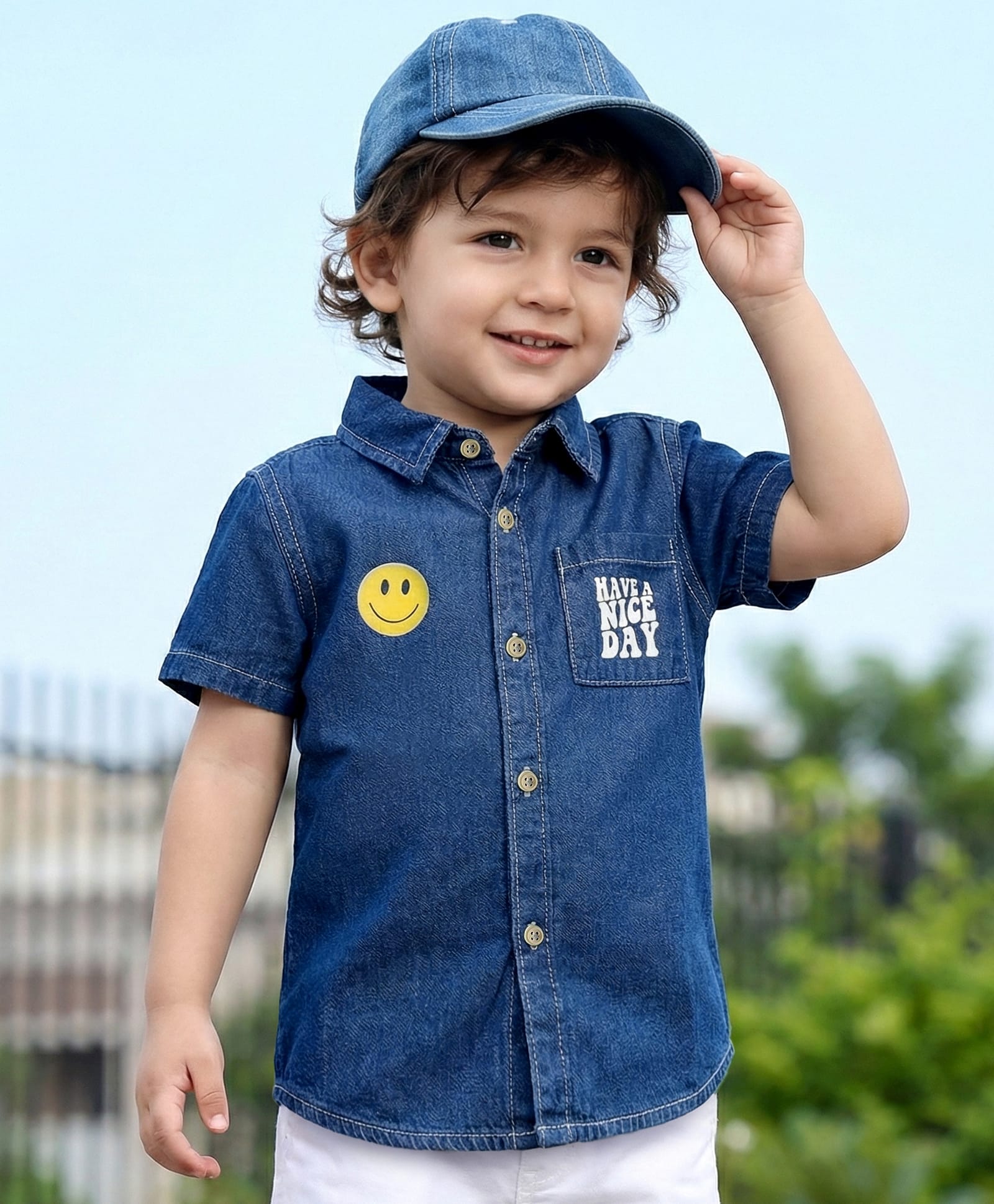 Babyhug Cotton Woven Half Sleeves Washed Shirt With Text Print - Blue