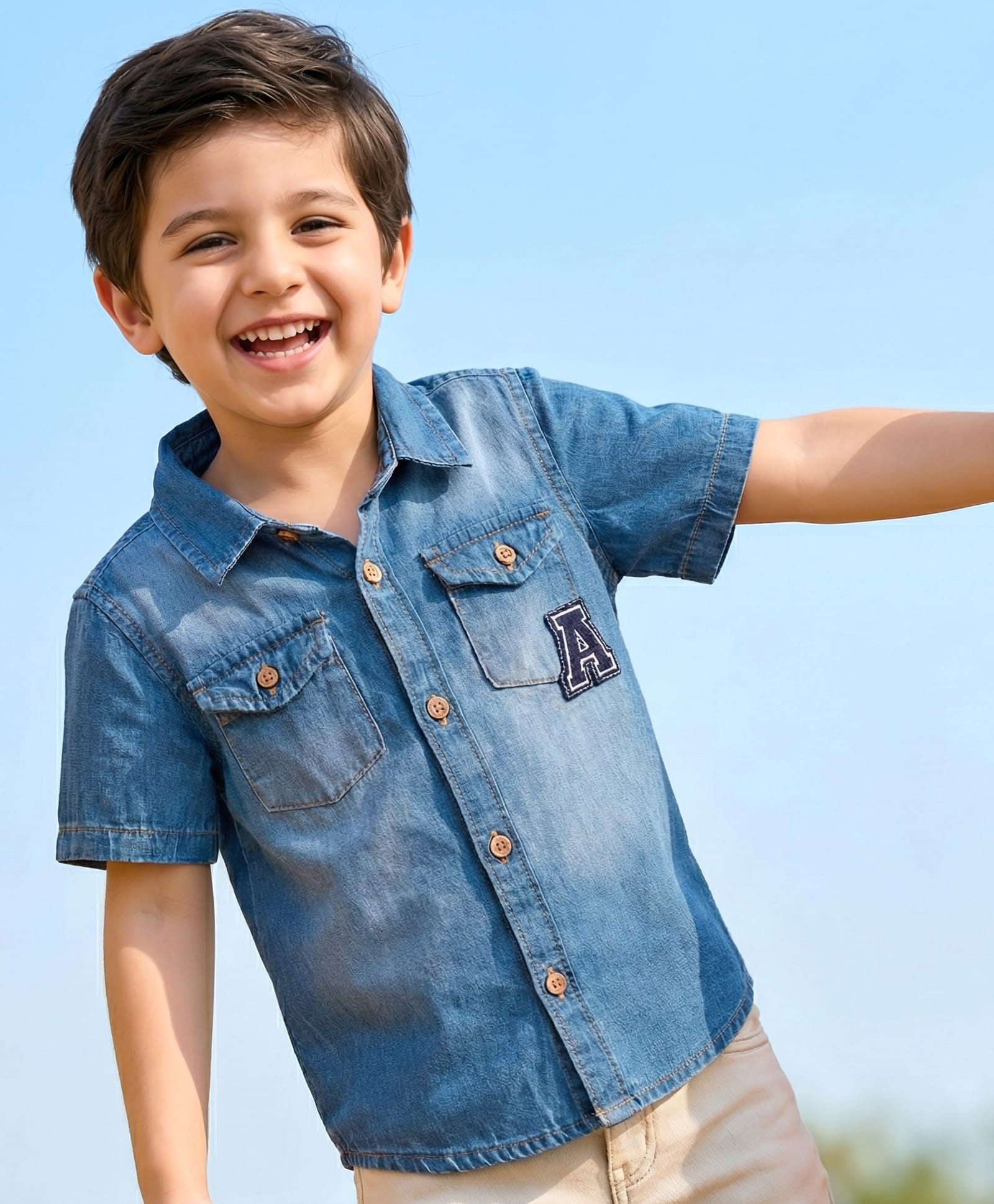 Babyhug Denim Woven Half Sleeve Washed Shirt With Text Embroidery - Blue