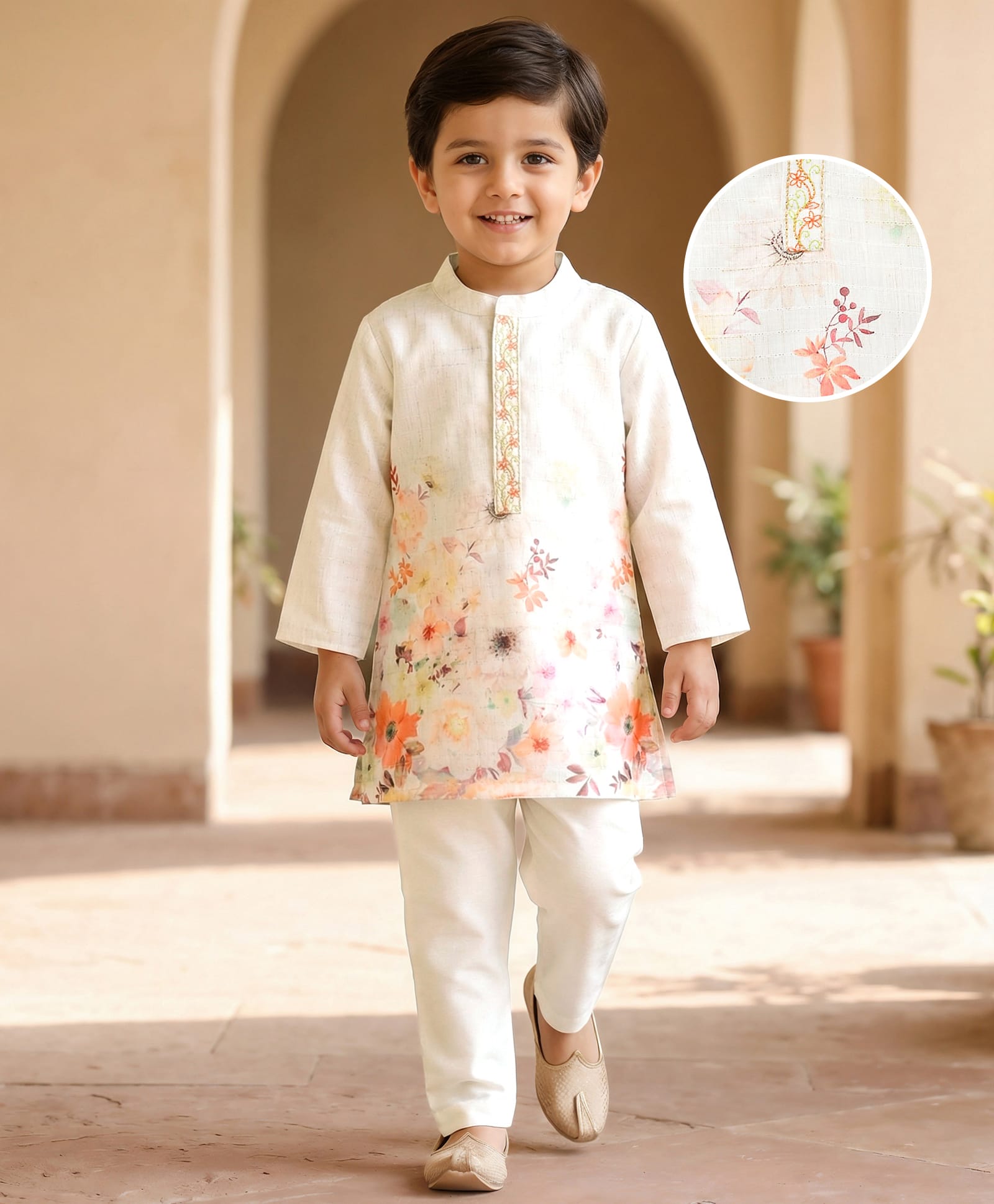Babyhug Lurex Dobby Woven Full Sleeves Kurta Pajam Set Floral Print - Beige-image-41