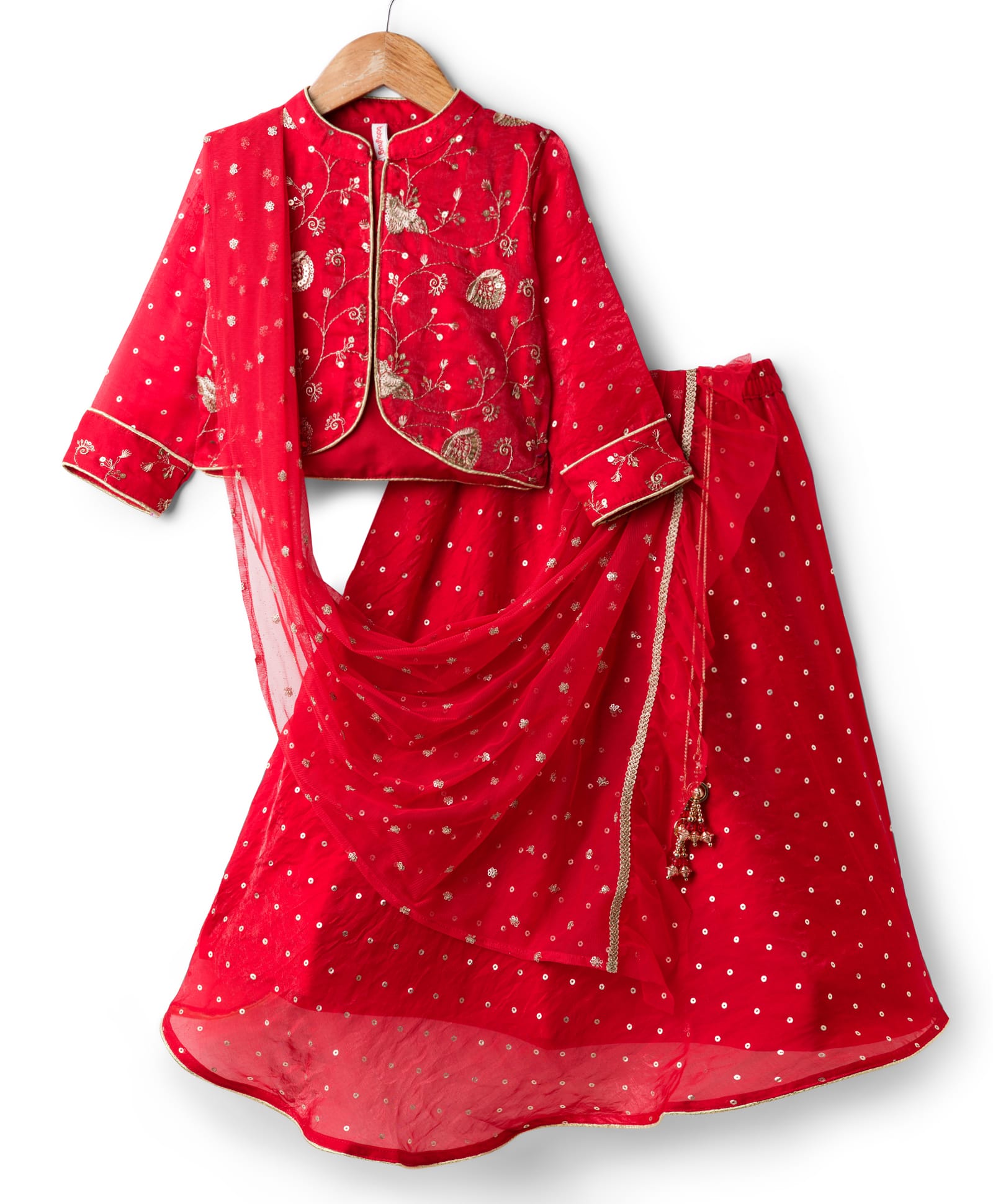 Babyhug Silk Woven Three Fourth Sleeves Choli Lehenga & Dupatta Set With Sequin Detailing & Floral Embroidery - Red-image-9
