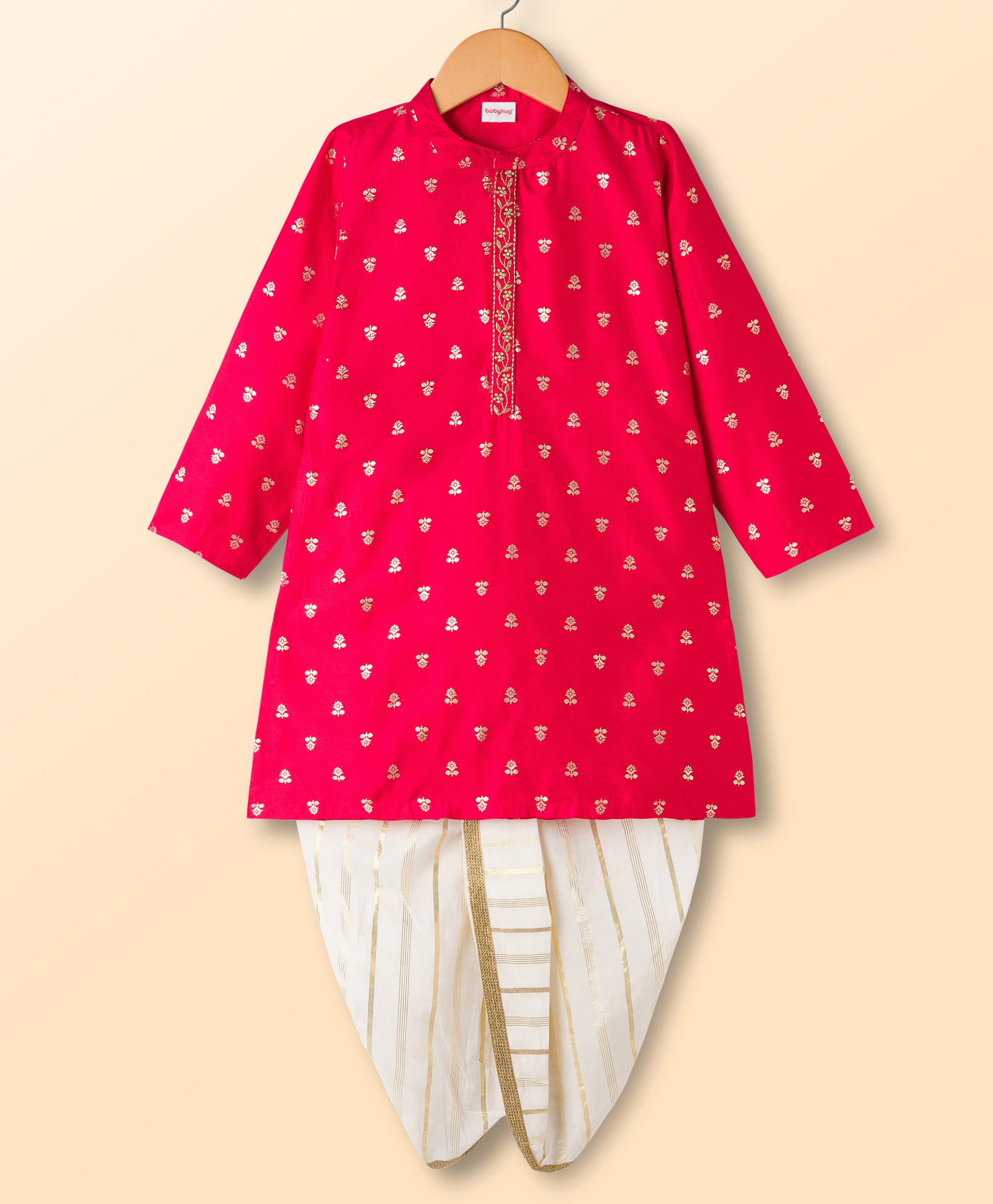 Babyhug Brocade Full Sleeves Foil Printed Kurta Dhoti Set with Lace Detailing - Red-picture-18