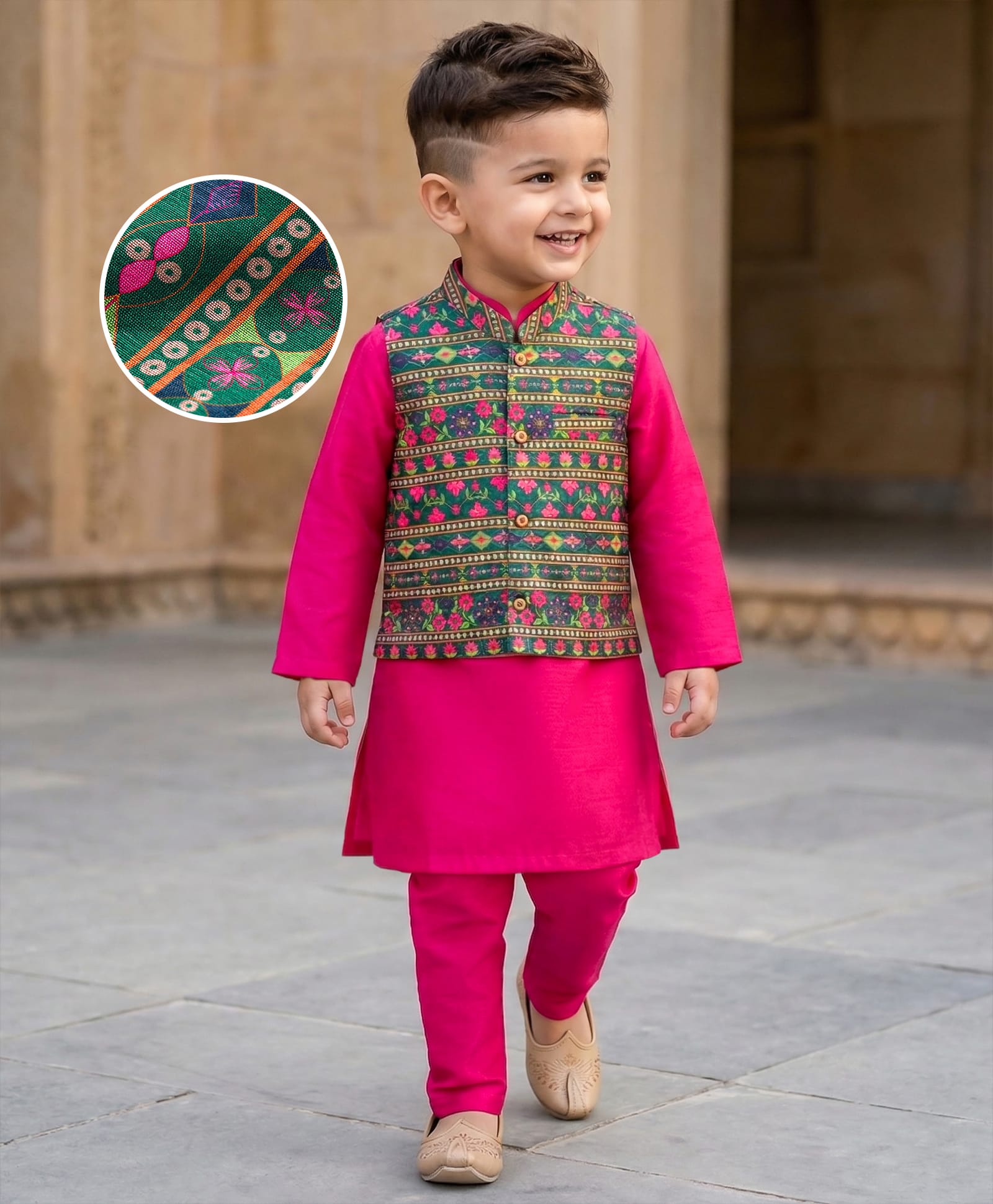Babyhug Cambric Full Sleeves Kurta Pajama Set with Jacket & Floral Print - Fuchsia-picture-23