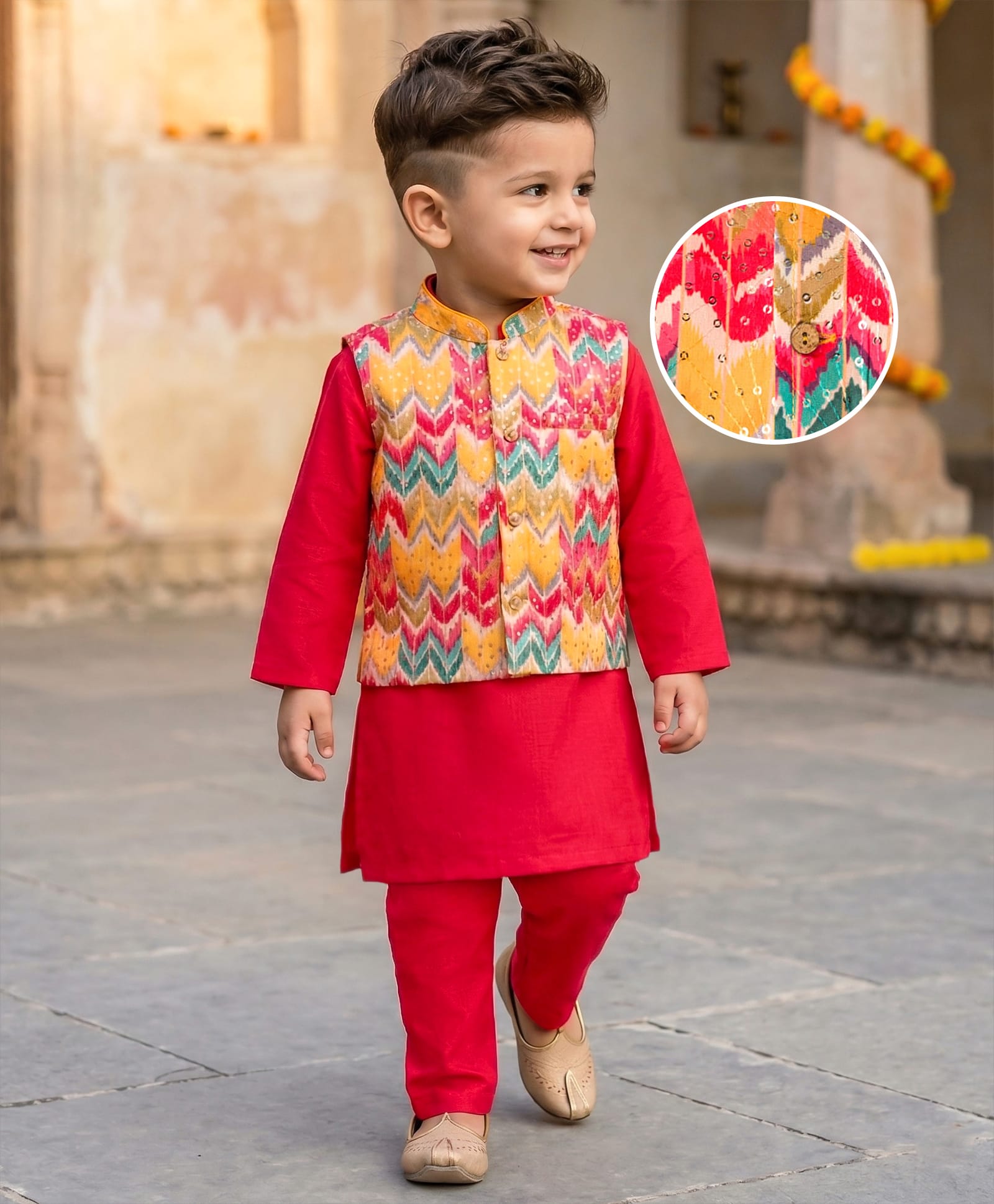 Babyhug Cambric Full Sleeves Kurta Pajama Set with Jacket Embroidery & Sequin Detailing - Red-picture-16