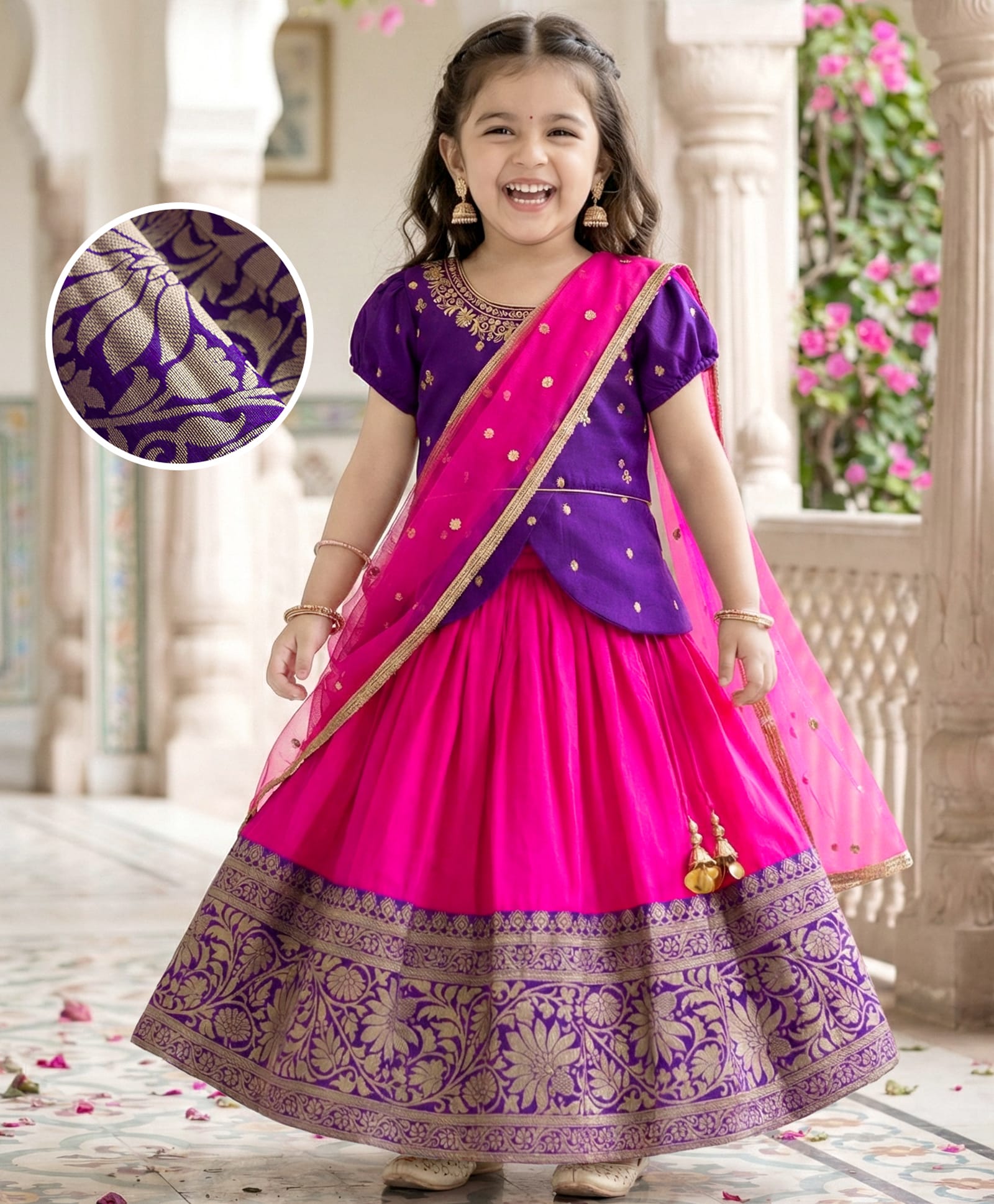 Babyhug Brocade Woven Half Puffed Sleeves Pattu Pavda Lehenga Set with Dupatta & Embroidery - Purple & Fuchsia-image-22