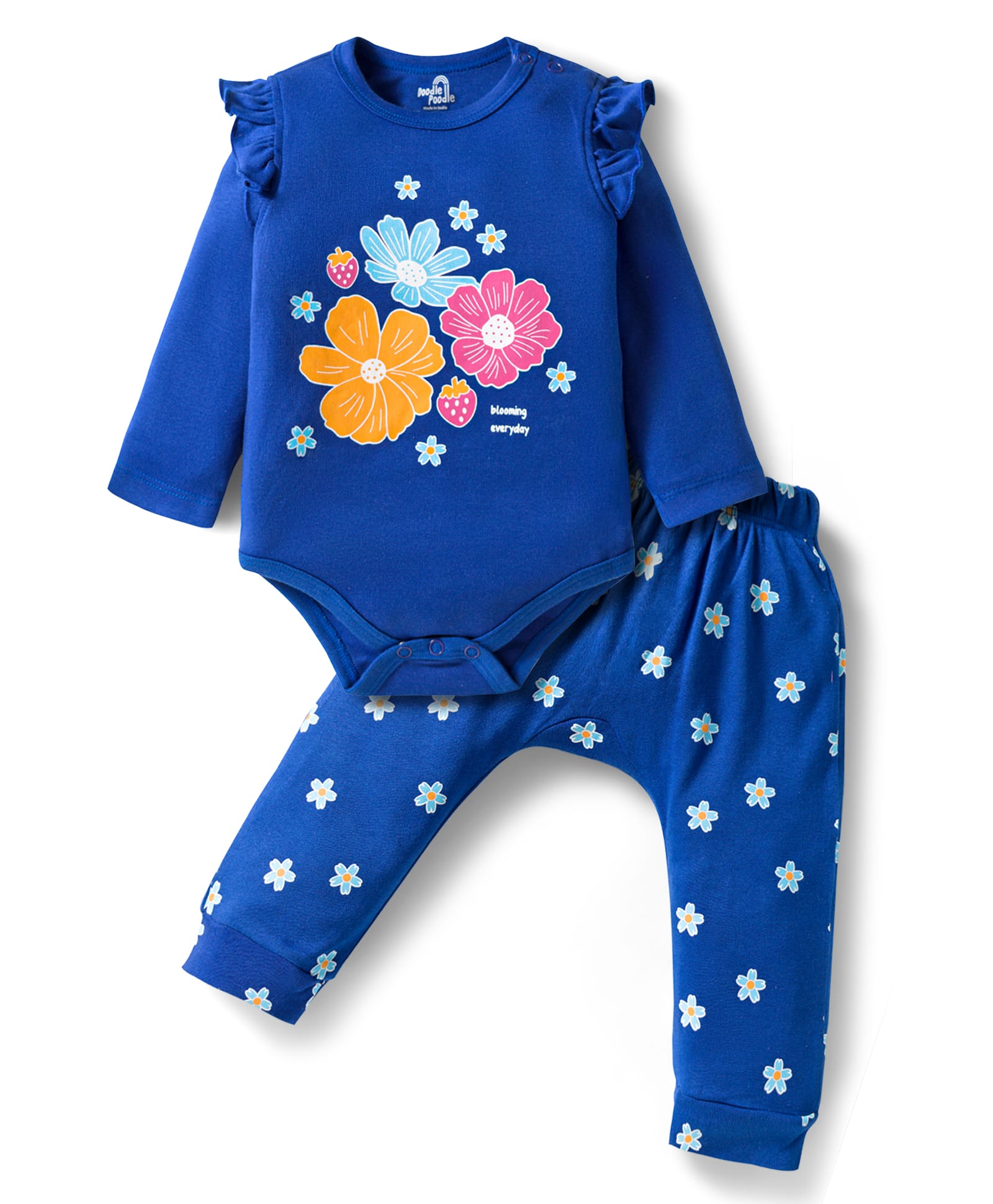 Doodle Poodle Interlock 100% Cotton Knit Full Sleeves Onesie & Diaper Leggings With Floral Print - Navy Blue-picture-27