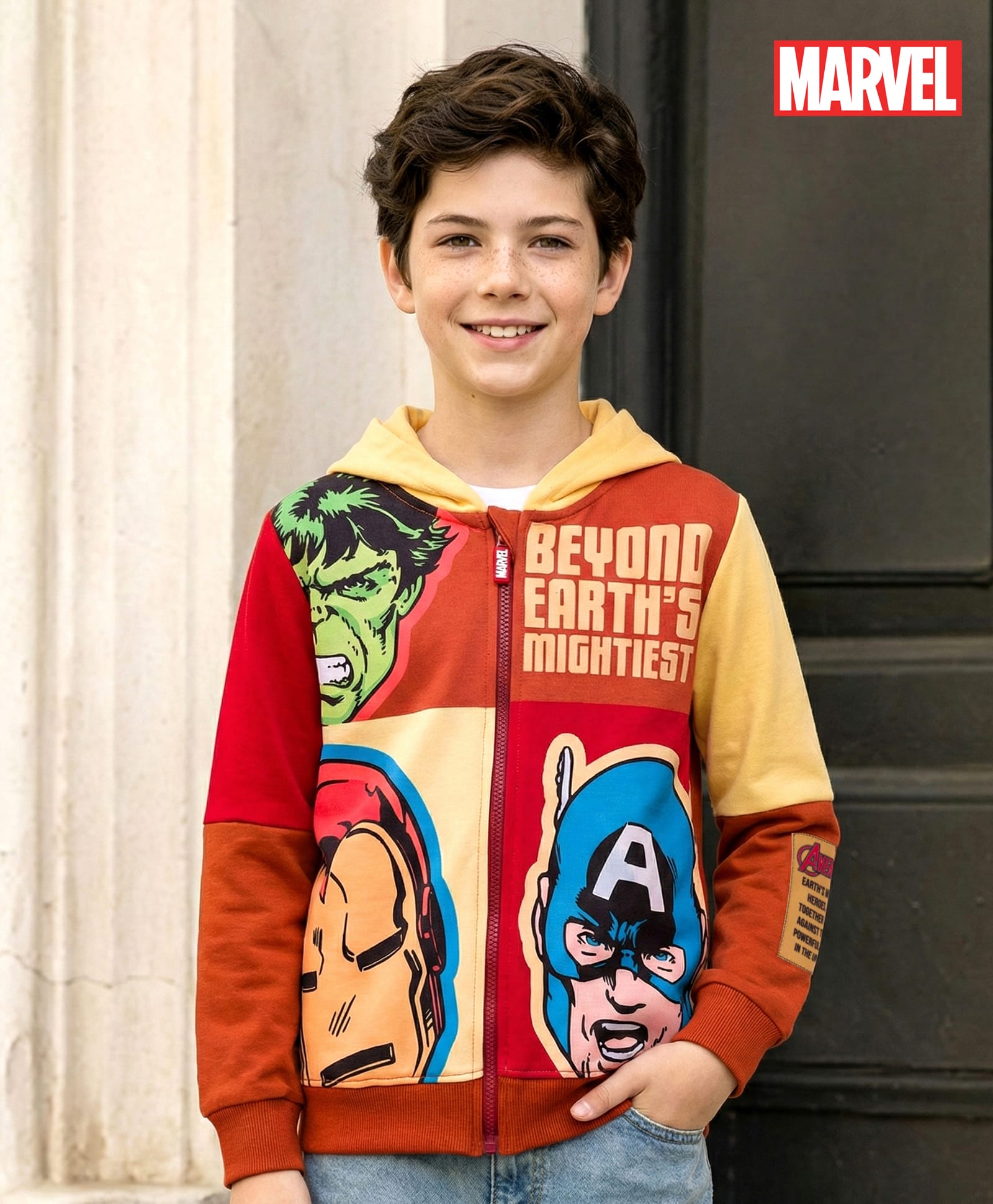 Pine Kids Marvel Terry Knit Full Sleeves Hooded Sweatjacket With Avengers Graphics - Rust Orange-image-21