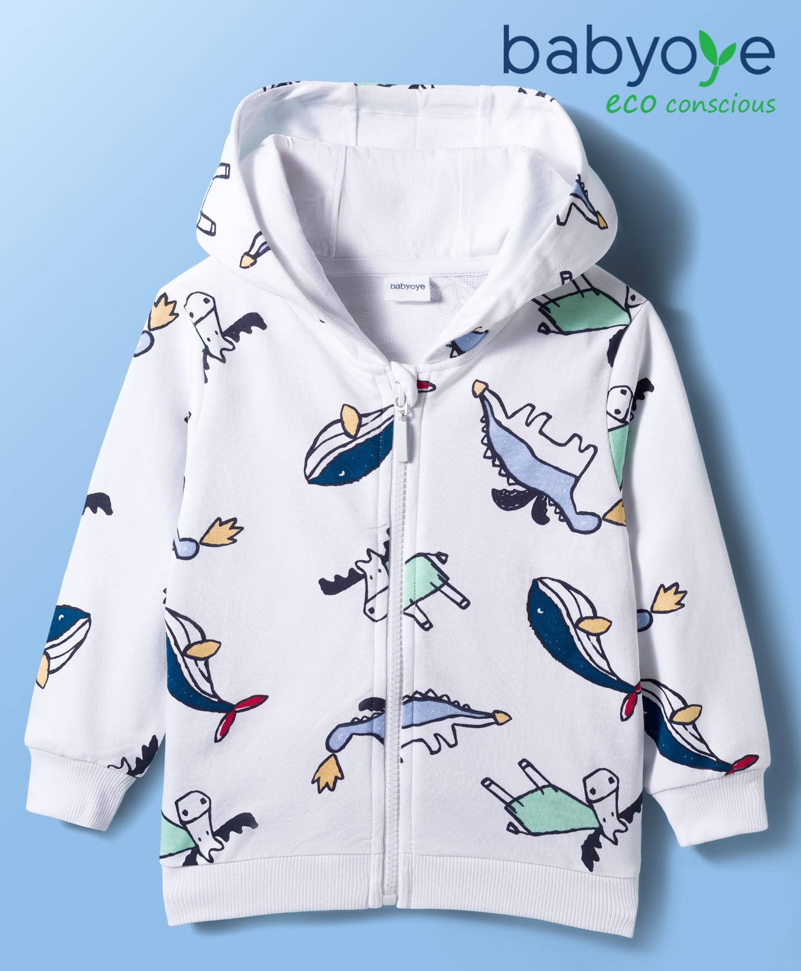 Babyoye 100% Cotton Terry Knit Full Sleeves SweatJacket with Animal Print - Off White-picture-12