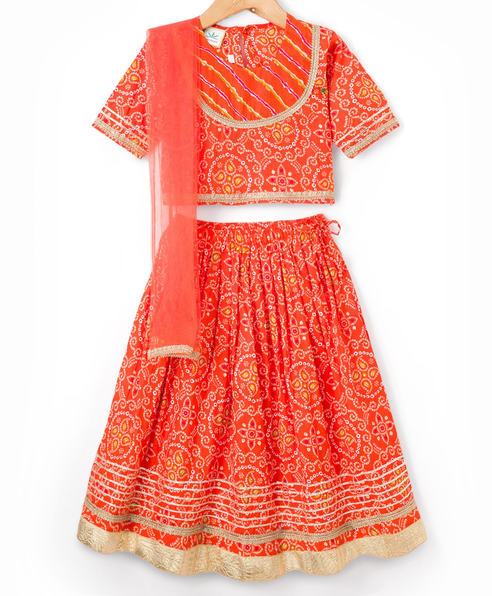 Teentaare Cotton Woven Half Sleeves Motif Printed Choli Lehenga Set with Dupatta & Lace Detailing - Orange-picture-17