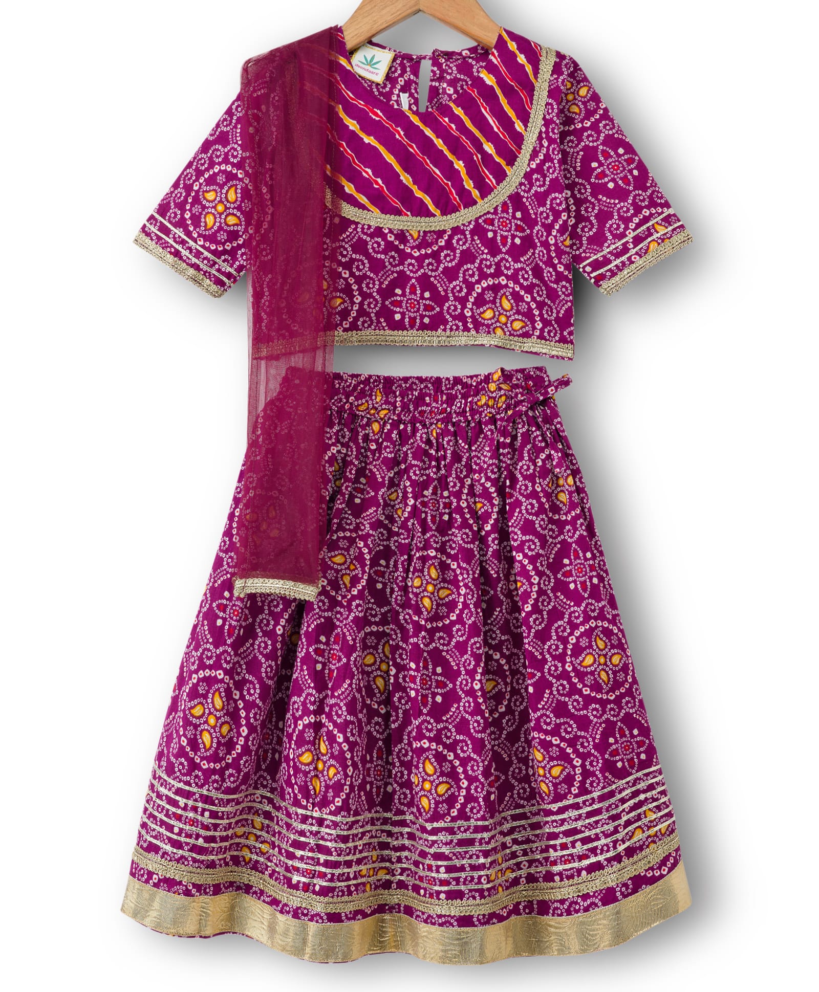 Teentaare Cotton Woven Half Sleeves Choli Lehenga Set with Dupatta & Motif Print - Purple-image-25