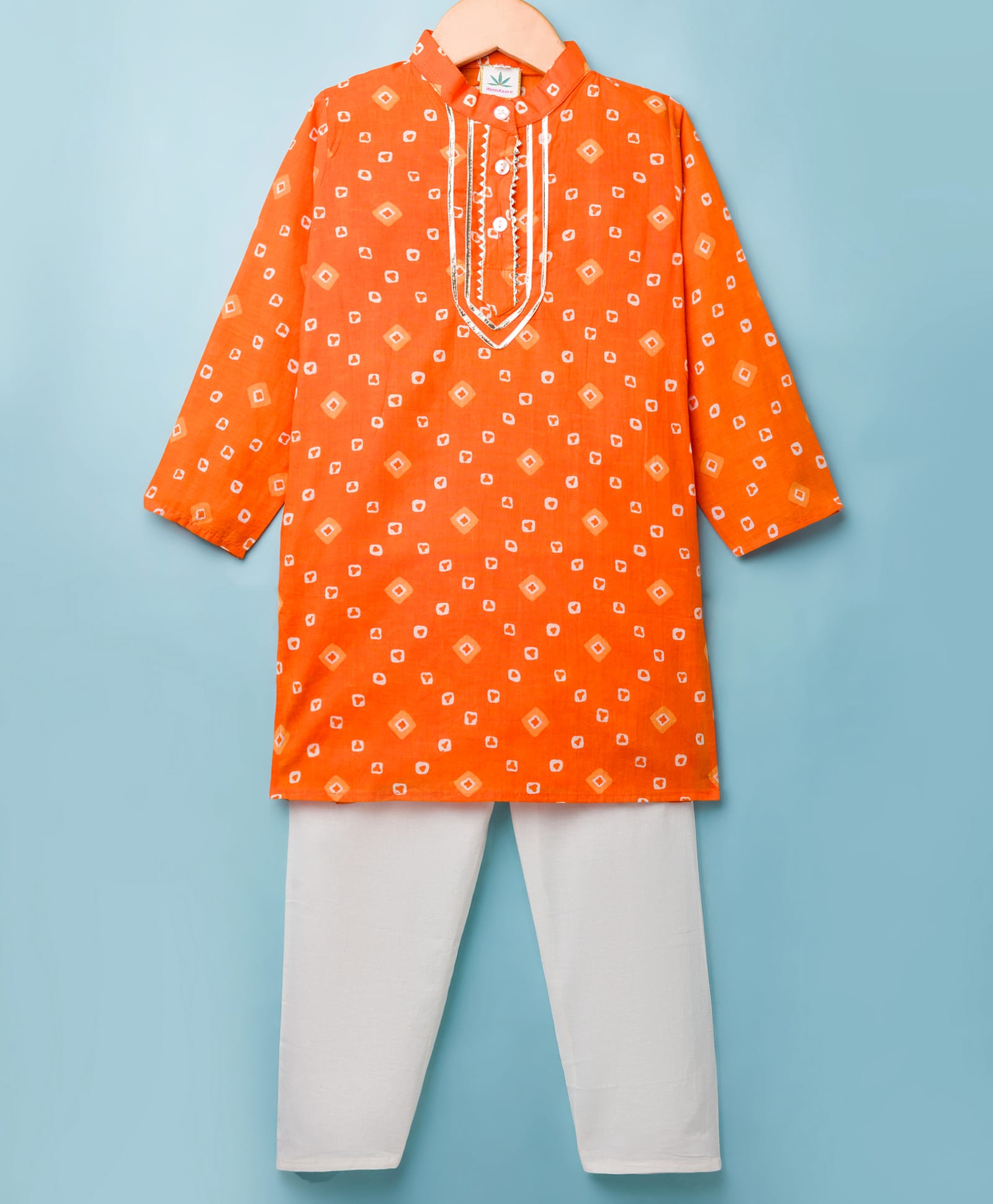 Teentaaare Cotton Woven Full Sleeves Kurta Pajama Set with Bandhani Print - Orange-image-34