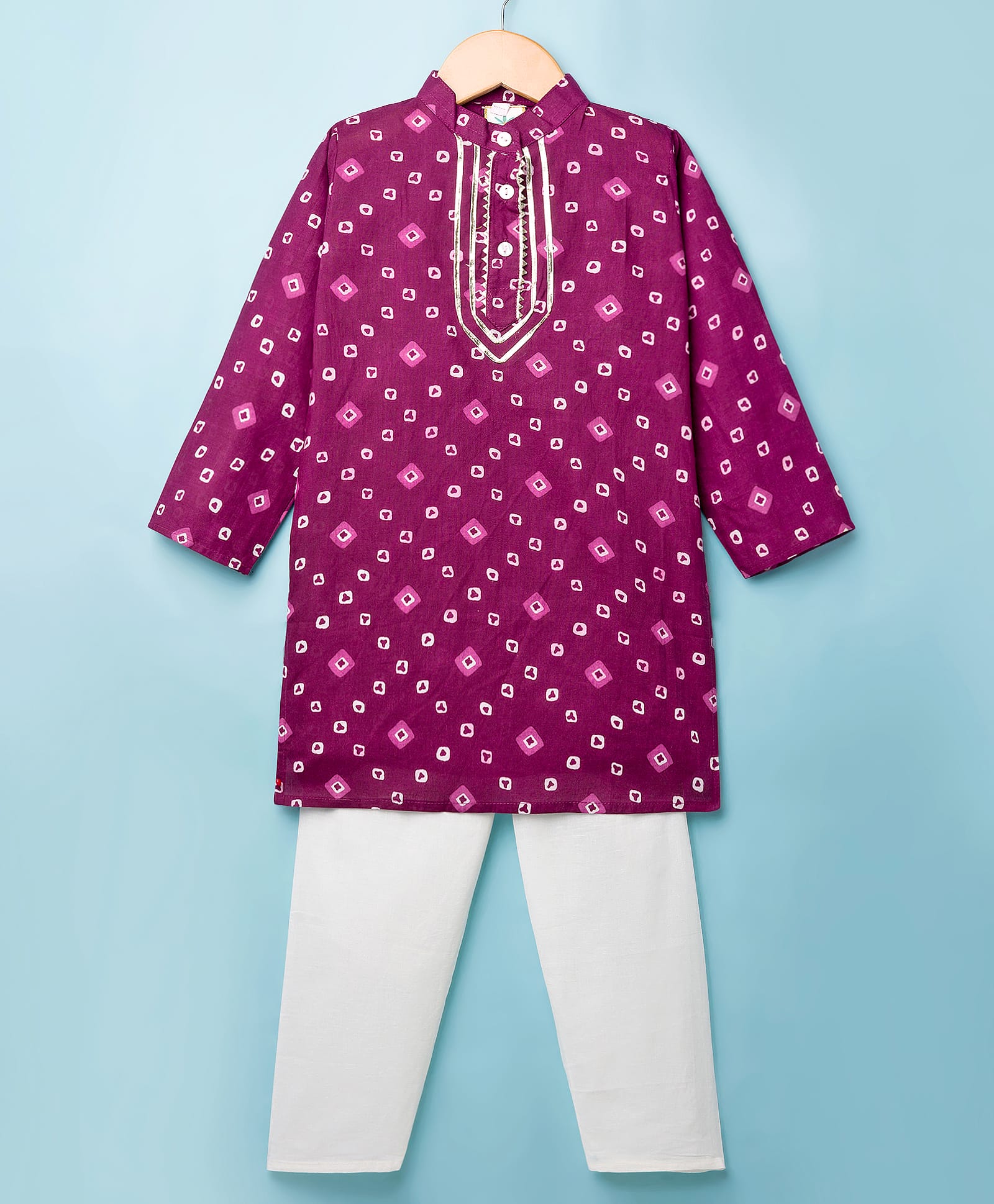 teentaare Teentaaare Cotton Woven Full Sleeves Kurta Pajama Set with Bandhani Print - Purple-picture-16