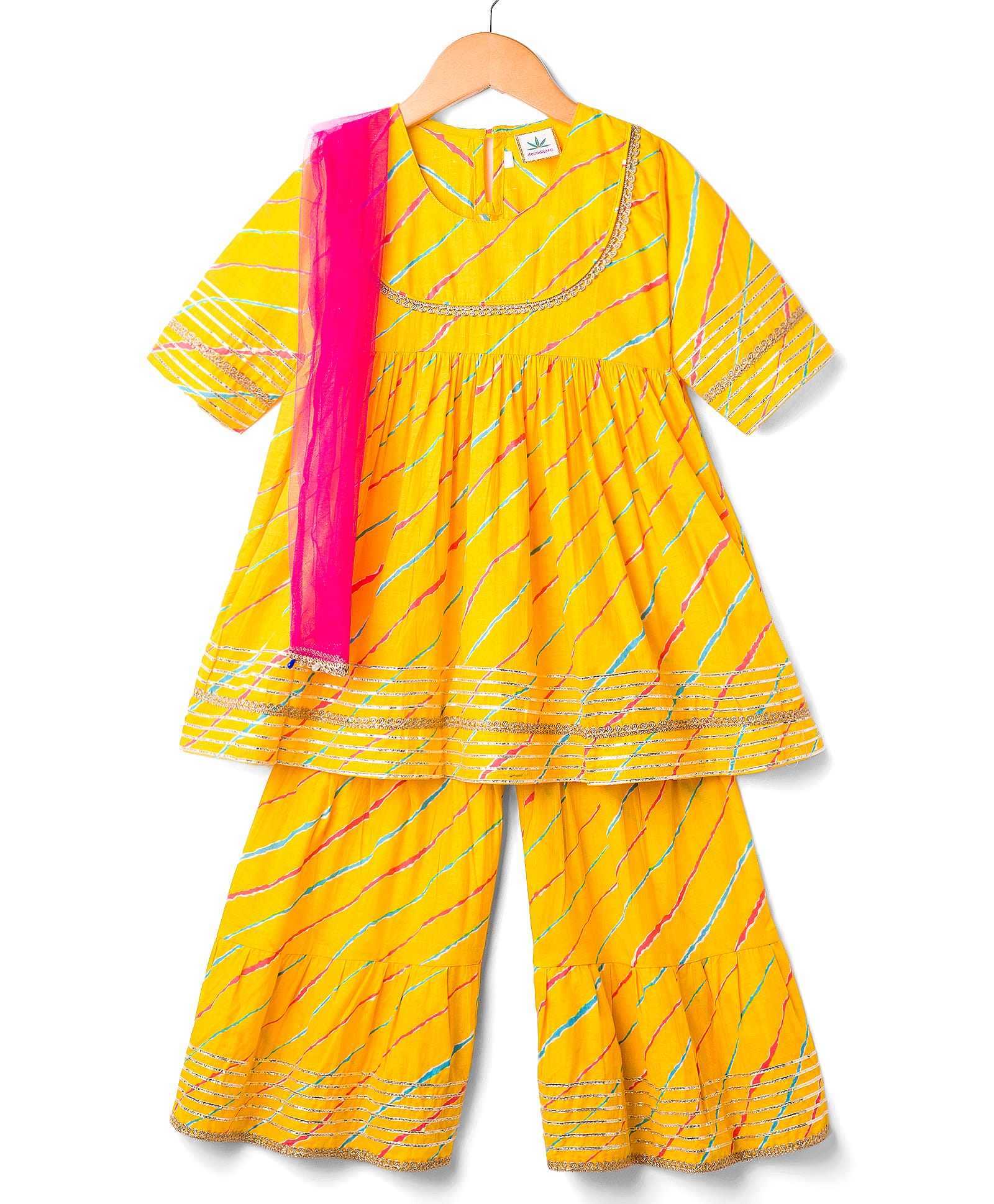 teentaare Teentaaare Cotton Woven Three Fourth Sleeves Kurti Sharar & Dupatta Set with Stripes - Yellow-picture-26