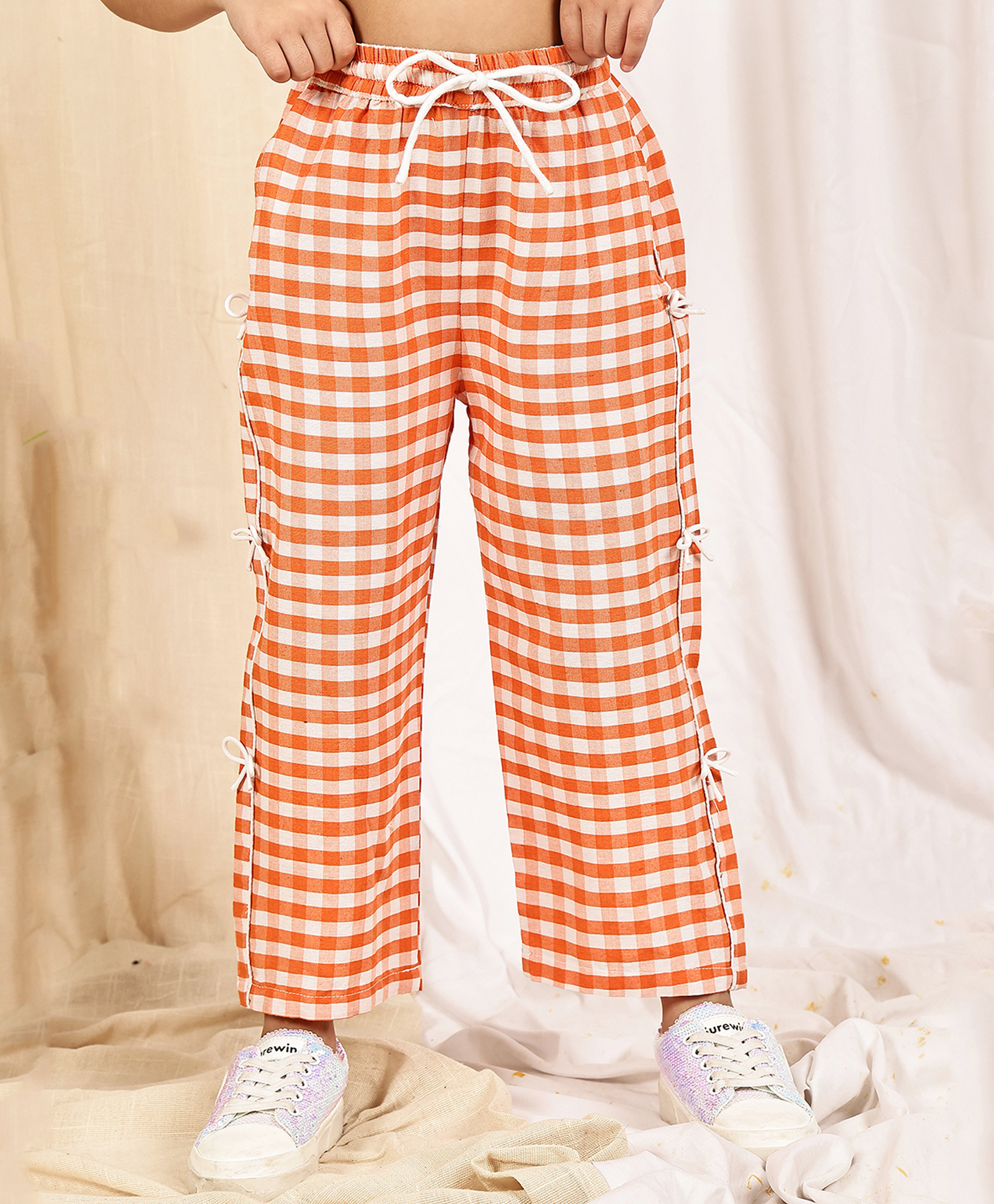 NEUDIS Cotton Blend Woven Gingham Checked Wide Legged Pants - Peach And White-picture-10