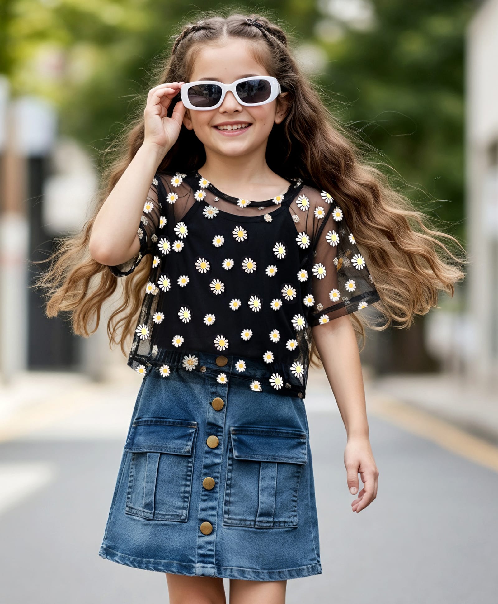 OLLINGTON ST. Cotton Knit Half Sleeves Floral Printed Top & Stretchable Skirt Denim -Black & Blue-picture-37