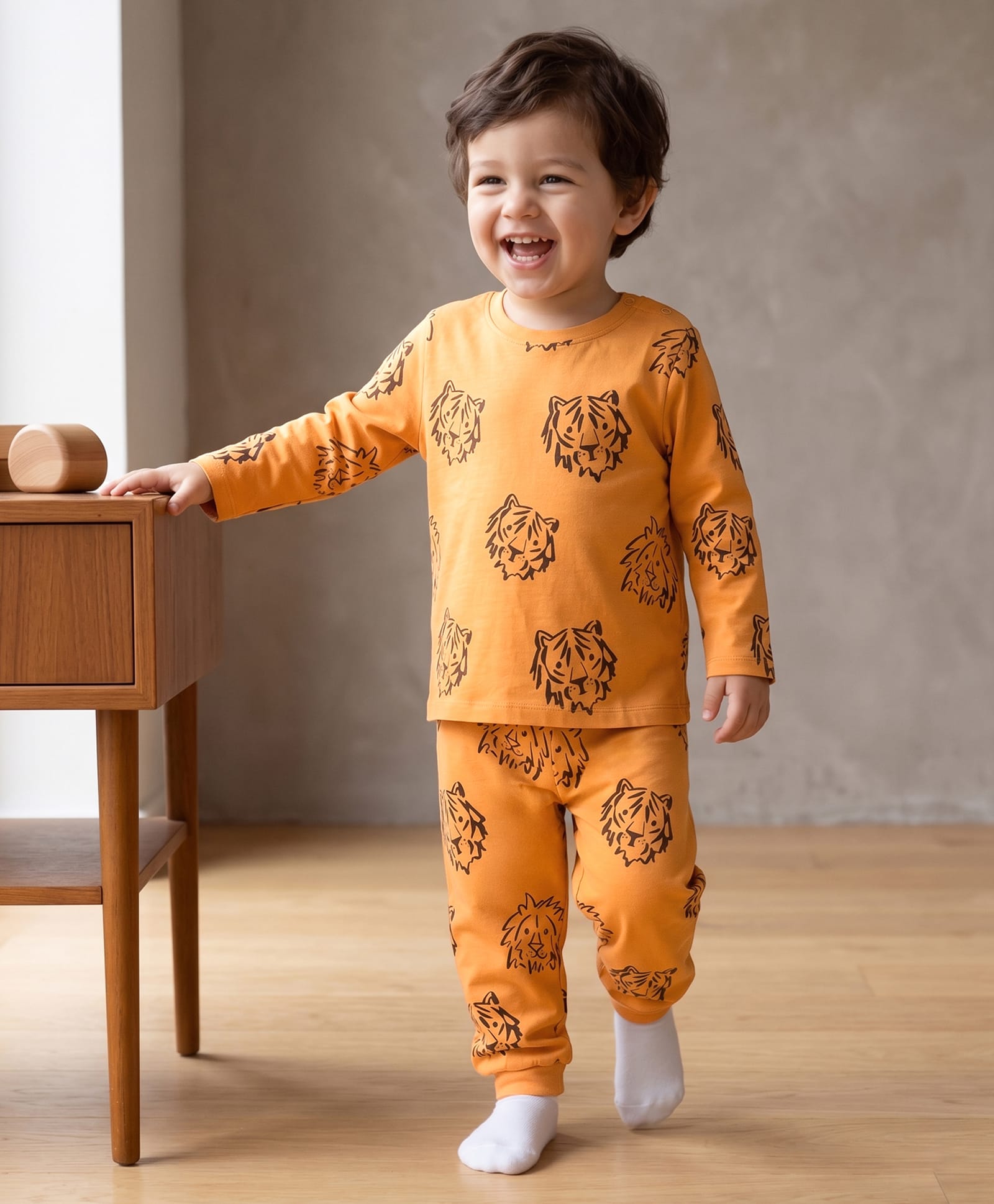 Kookie Kids India Single Jersey Knit Full Sleeves Co-ords Night Suit With Animal Print - Orange-image-6