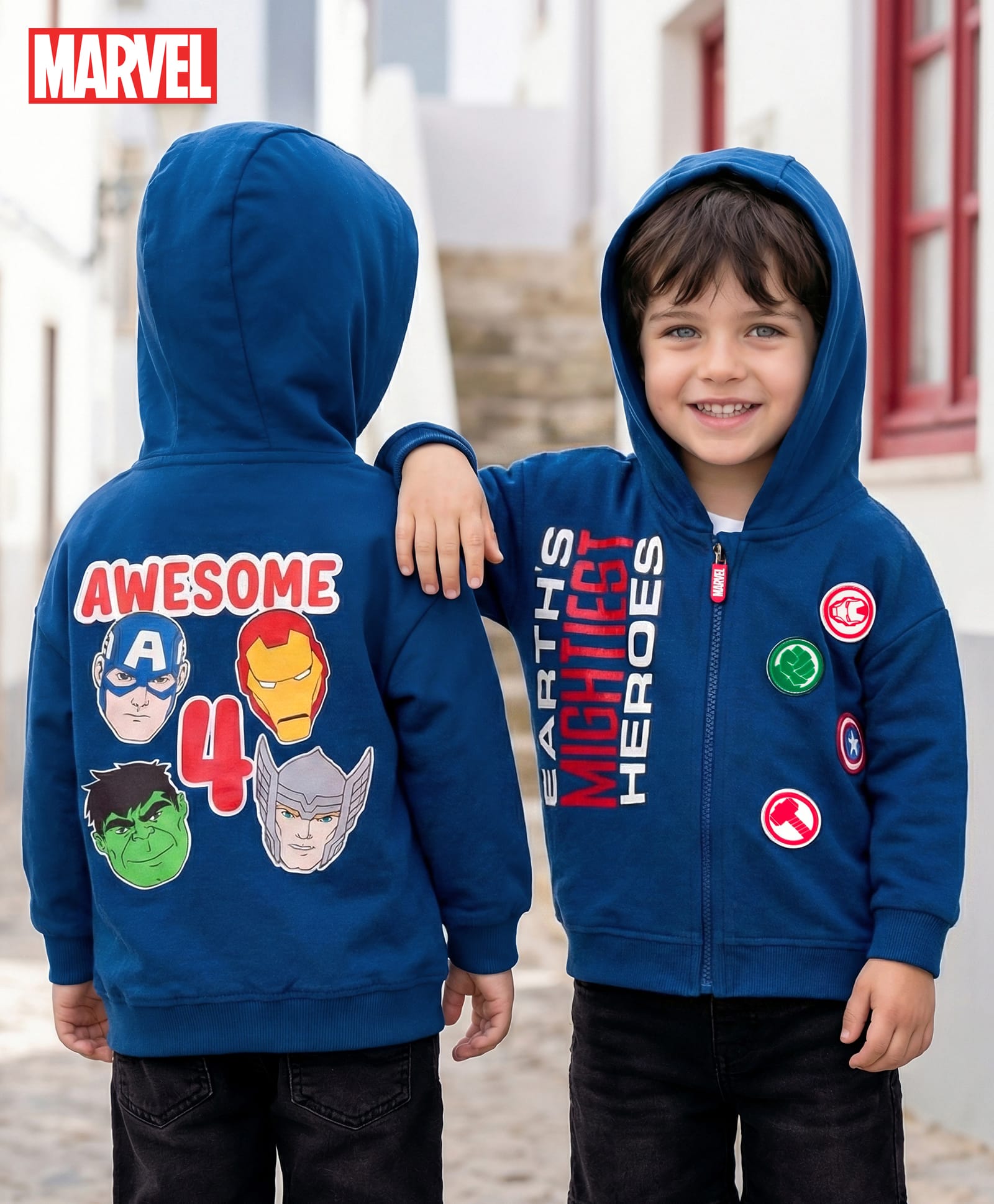 Babyhug Marvel Terry Knit Drop Shoulder Full Sleeves Hooded Sweatjacket with Front and Back Avengers Graphics - Navy Blue-image-10