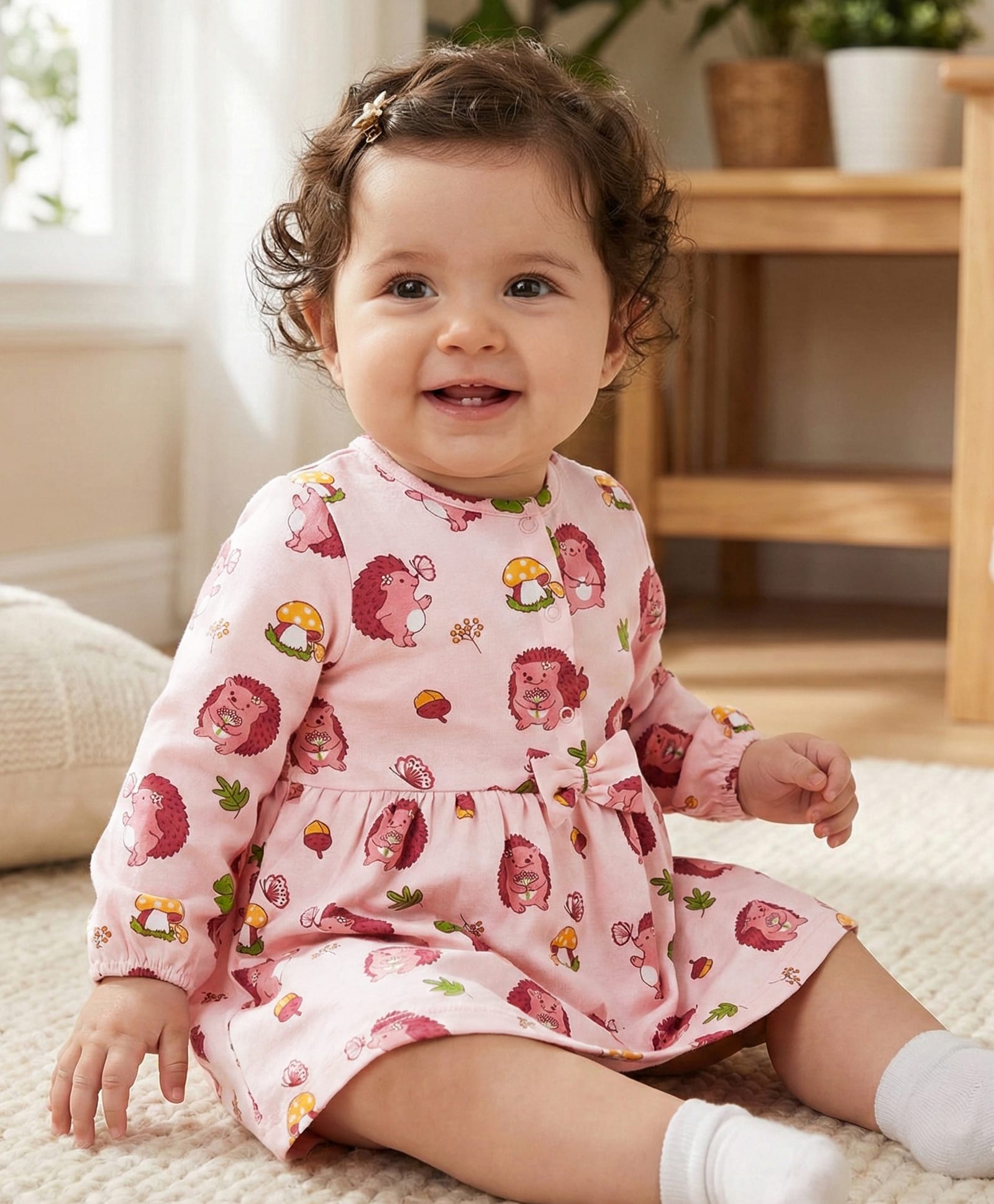 Babyoye 100% Cotton Knit With Eco Jiva Finish Full Sleeves Frock With Bloomer & Hedgehog Print - Pink-picture-41