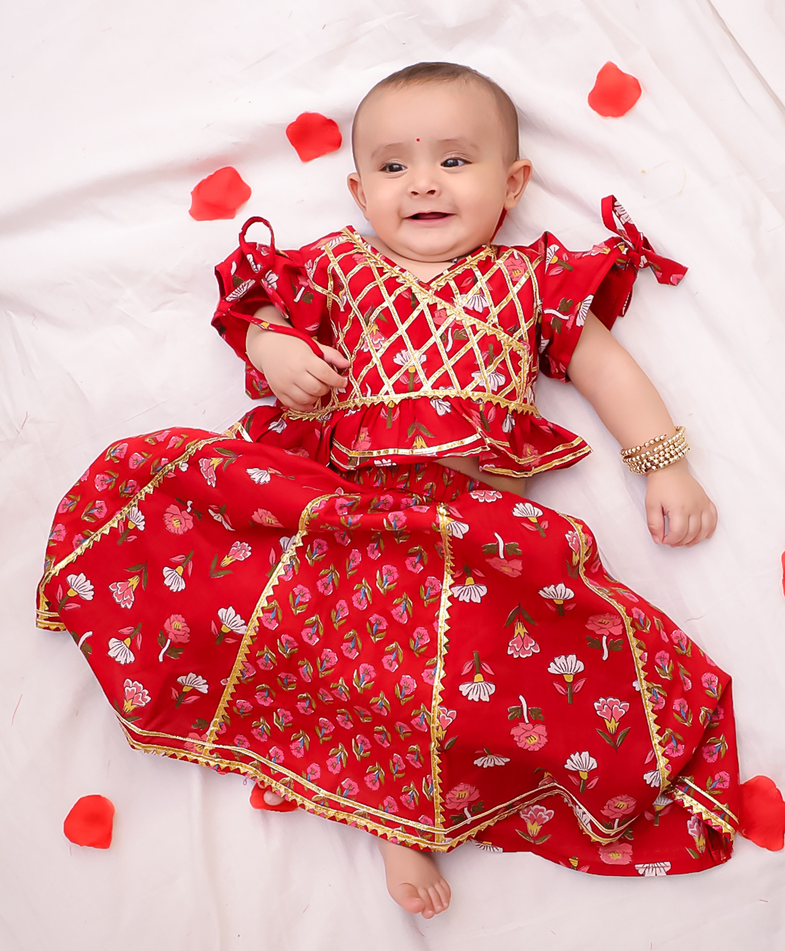 BownBee Pure Cotton Woven Half Flutter Sleeves Floral Printed Gota Lace Embellished Lehenga Choli Set - Red-image-42