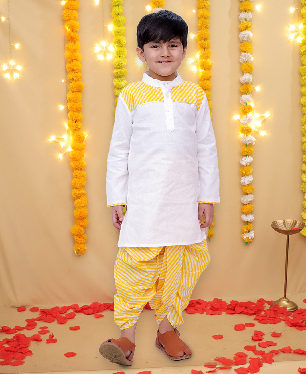 BownBee Pure Cotton Woven Full Sleeves Leheriya Designed Dhoti Kurta Set - Yellow-image-32