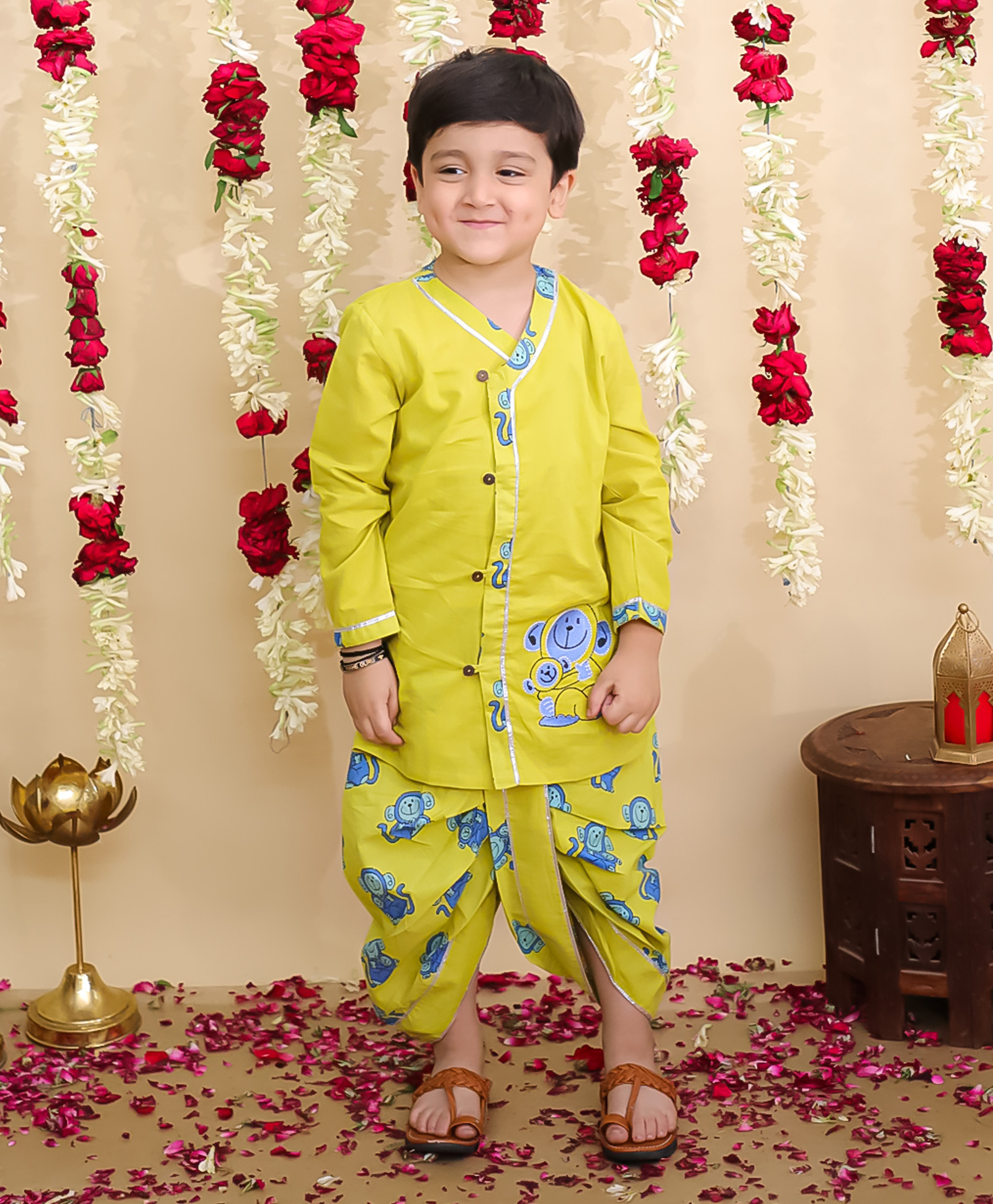 BownBee Pure Cotton Woven Full Sleeves Monkey Printed Dhoti Kurta Set - Yellow-image-16