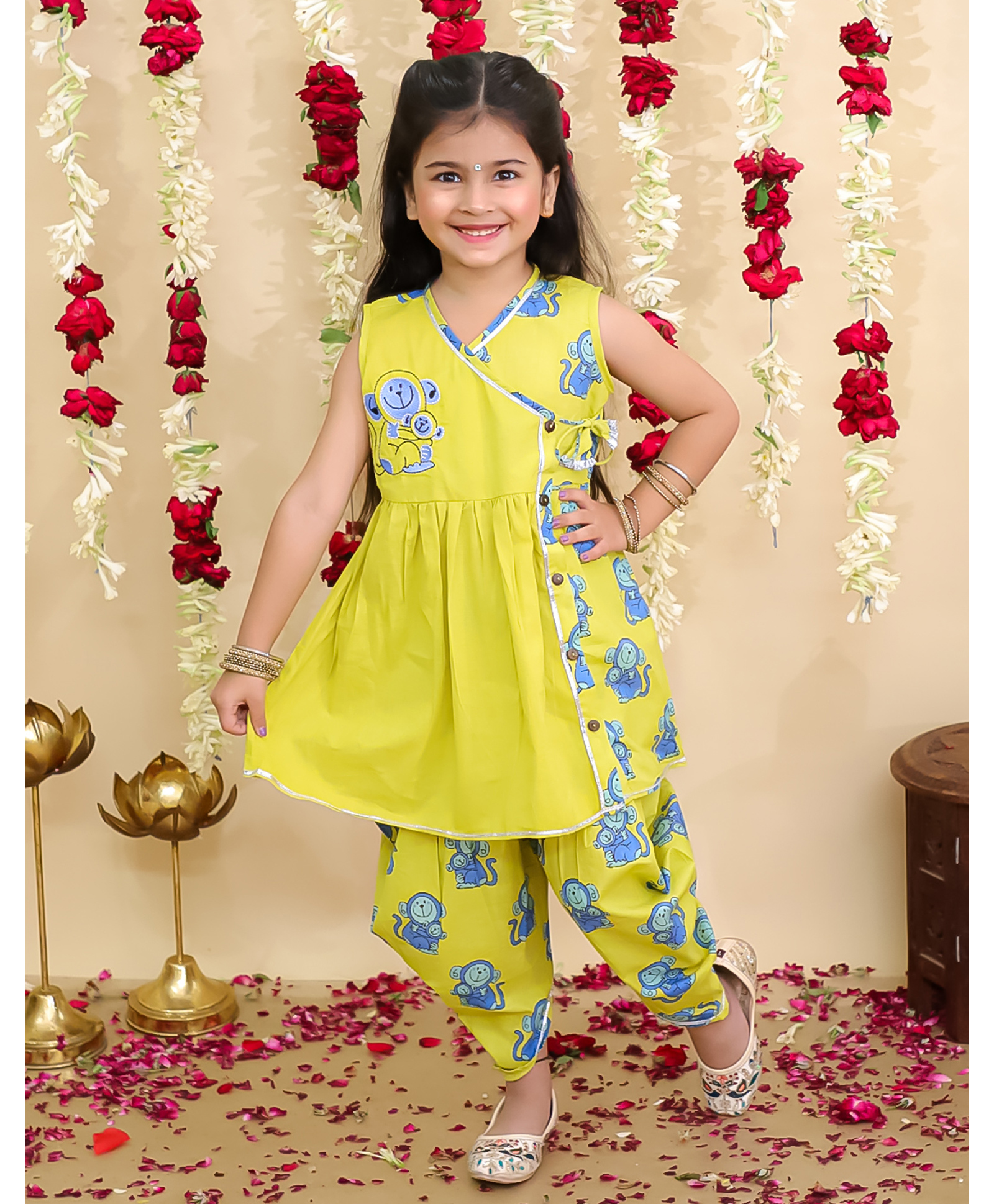 BownBee Pure Cotton Woven Sleeveless Monkeys Printed Gota Lace Embellished Dhoti Kurti Set - Yellow-picture-23