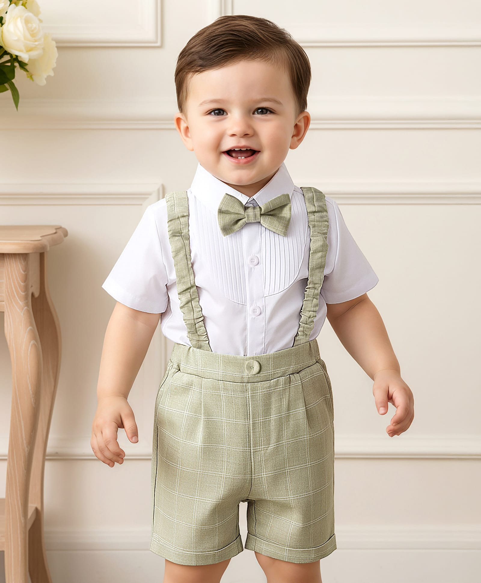 Mark & Mia Knit Half Sleeves Solid Party Shirt & Shorts With Attached Waistcoat & Bow - Green & White-image-11