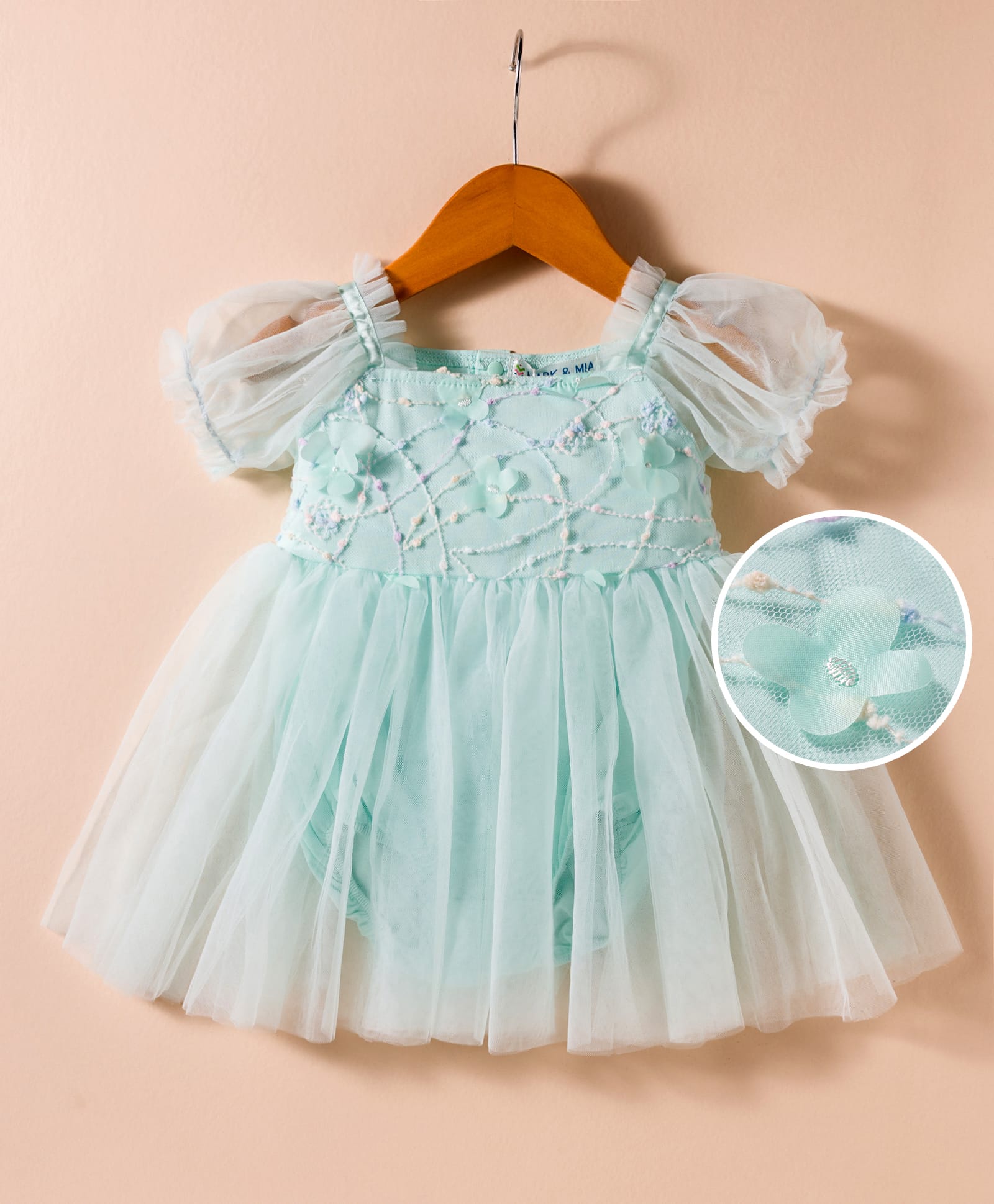 Mark & Mia Woven Half Puffed Sleeves Frock Style Party Onesie with Floral Applique & Embroidery - Aqua Blue-image-32