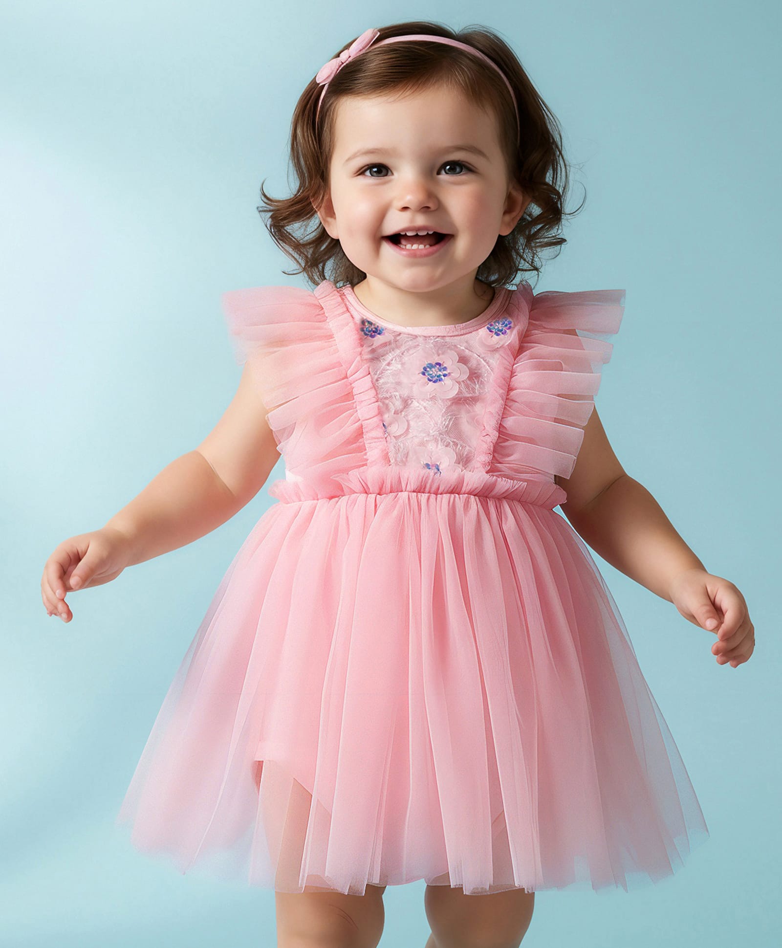 Mark & Mia Woven Frill Sleeves Frock Style Party Onesie with Embroidery & Sequin Detailing - Pink-image-46