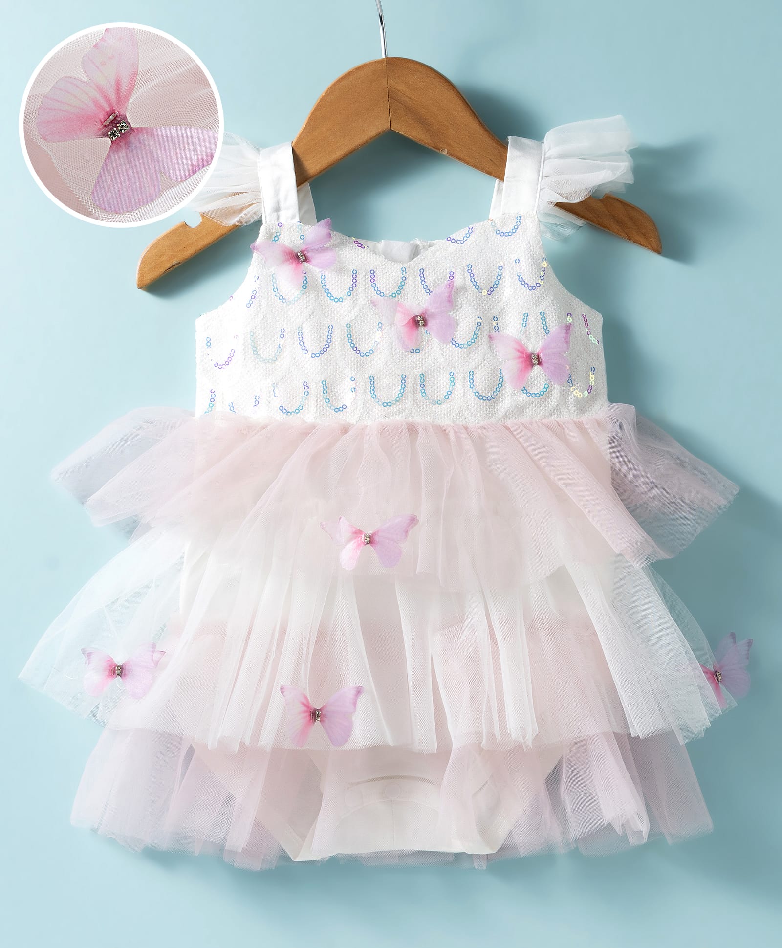 Mark & Mia Woven Frill Sleeves Frock Style Party Onesie with Butterfly Applique & Sequin Detailing - Pink-image-49