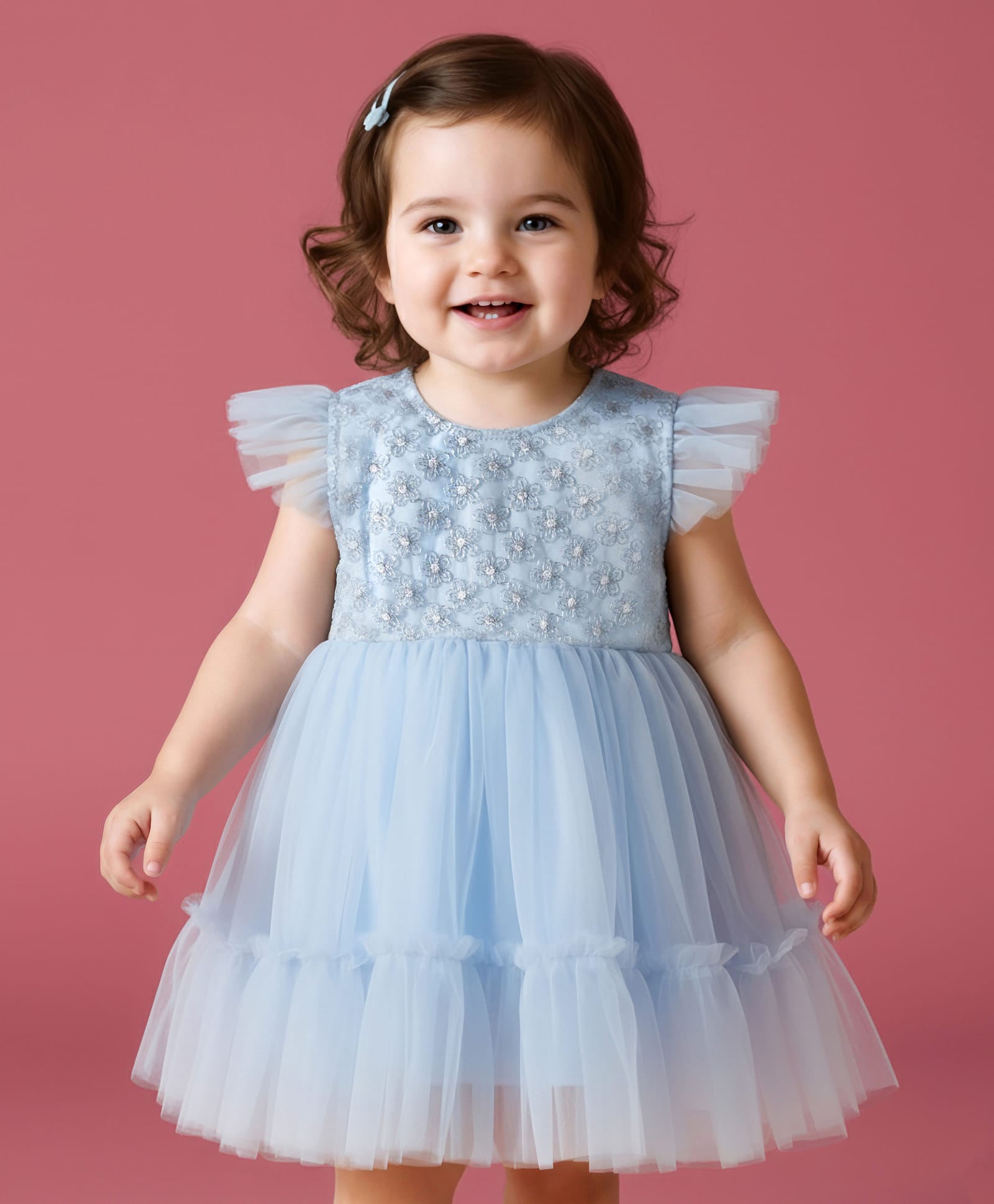 Mark & Mia Woven Frill Sleeves Frock Style Party Onesie with Floral Embroidered Yoke - Light Blue-image-6