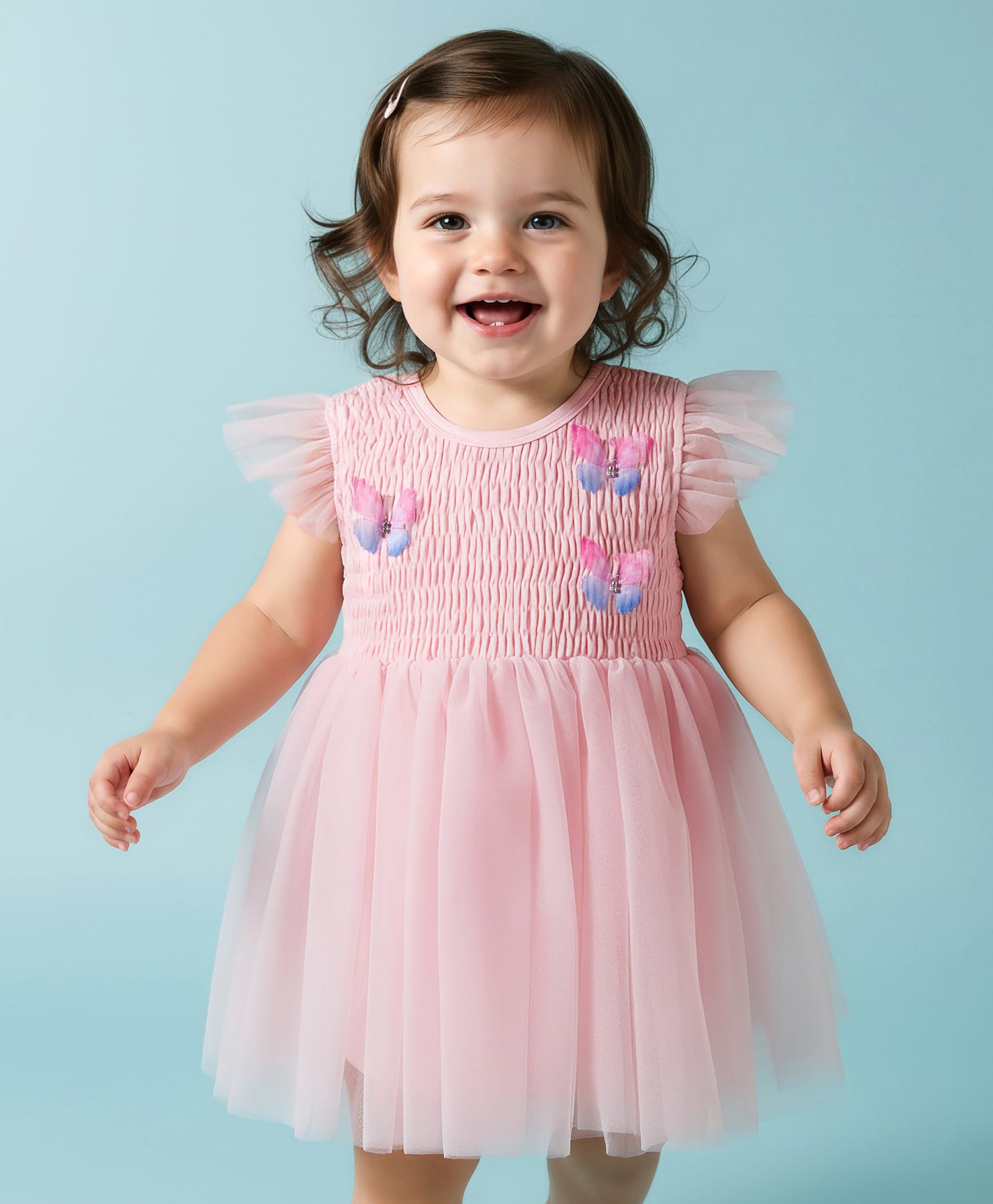 Mark & Mia Woven Frill Sleeves Frock Style Party Onesie With Ribbed Yoke & Butterfly Applique - Pink-image-10