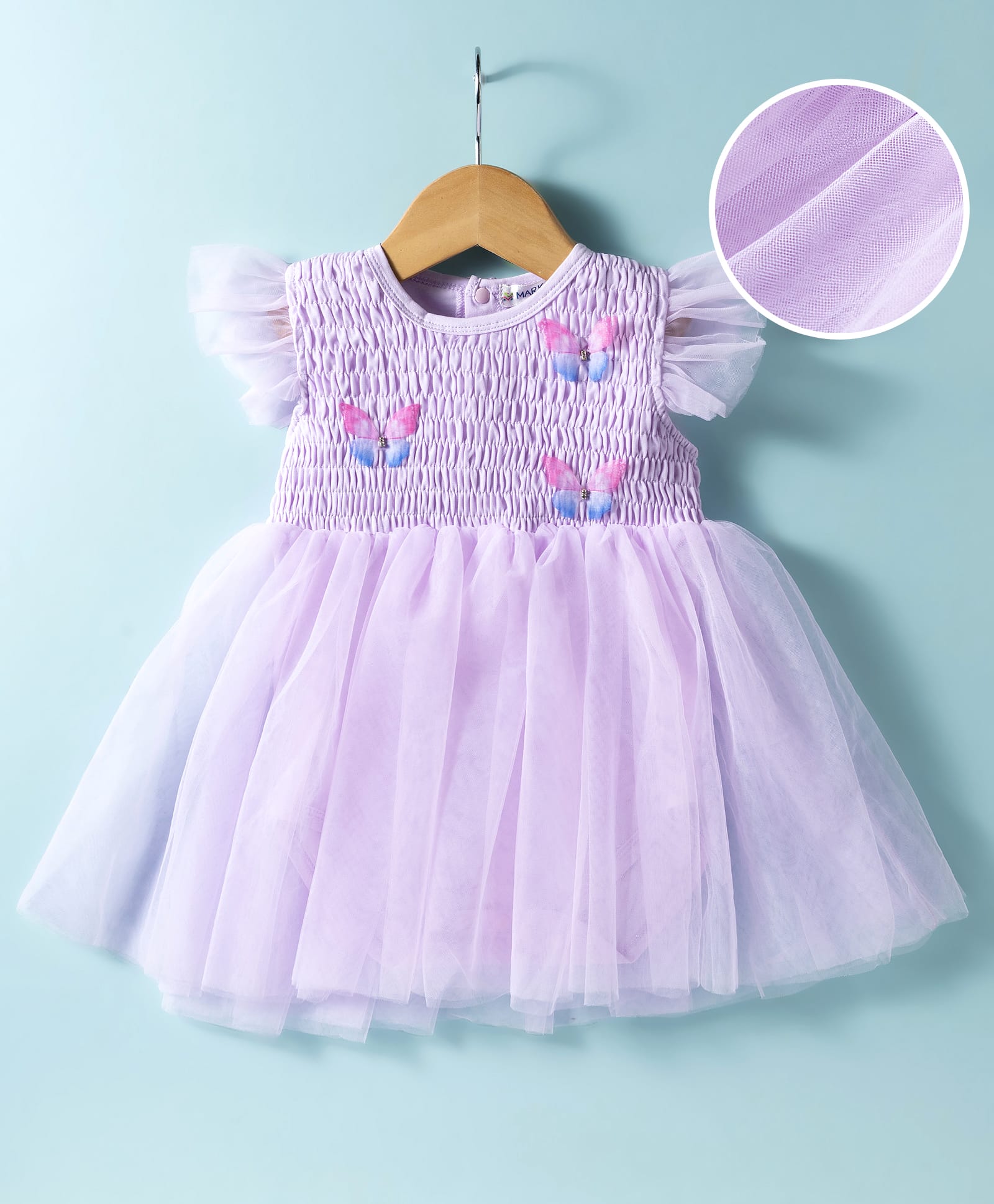 Mark & Mia Woven Frill Sleeves Frock Style Party Onesie With Ribbed Yoke & Butterfly Applique - Purple-image-32