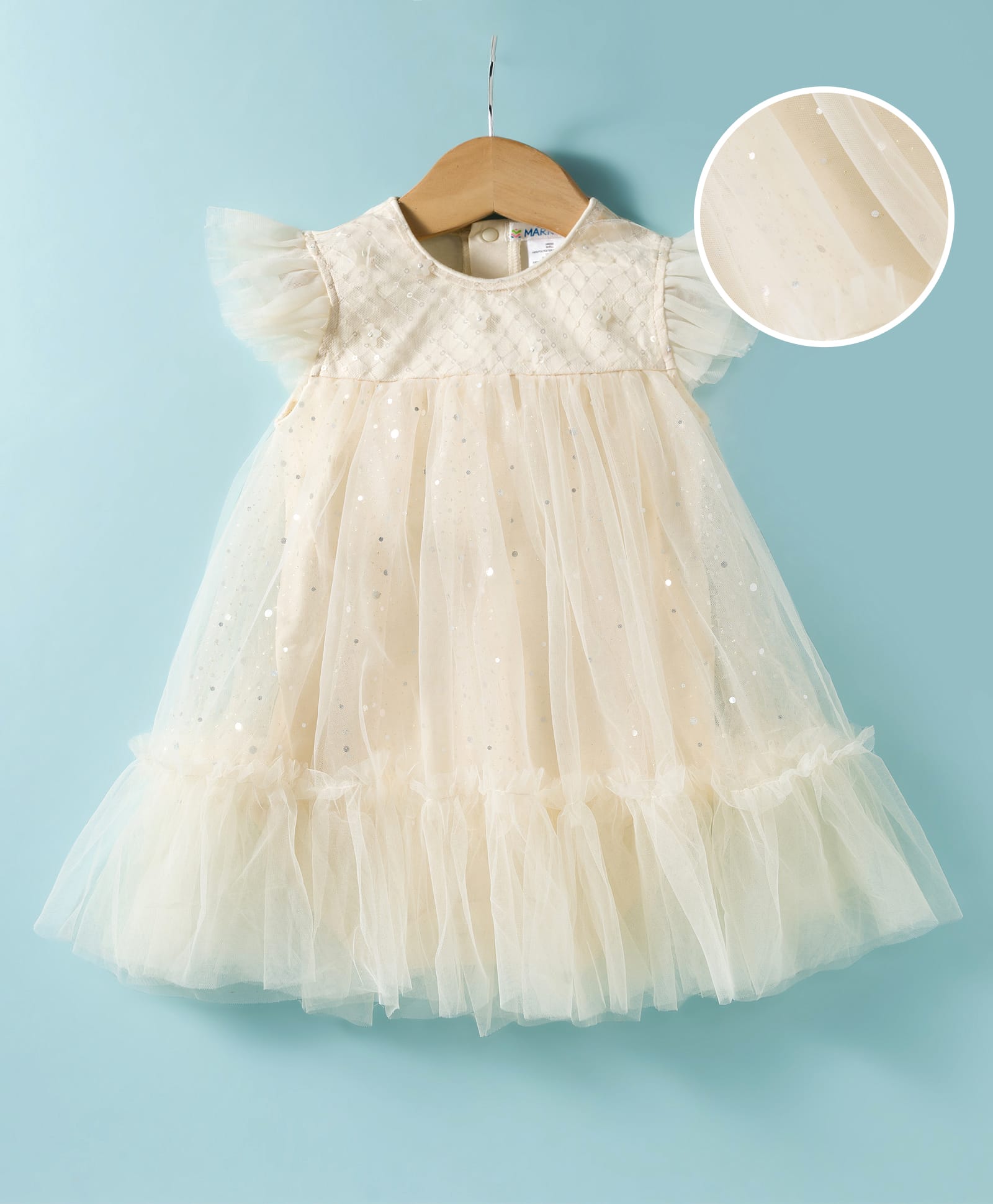 Mark & Mia Woven Frill Sleeves Frock Style Party Onesie With Shimmer & Sequin Detailing - Beige-image-32