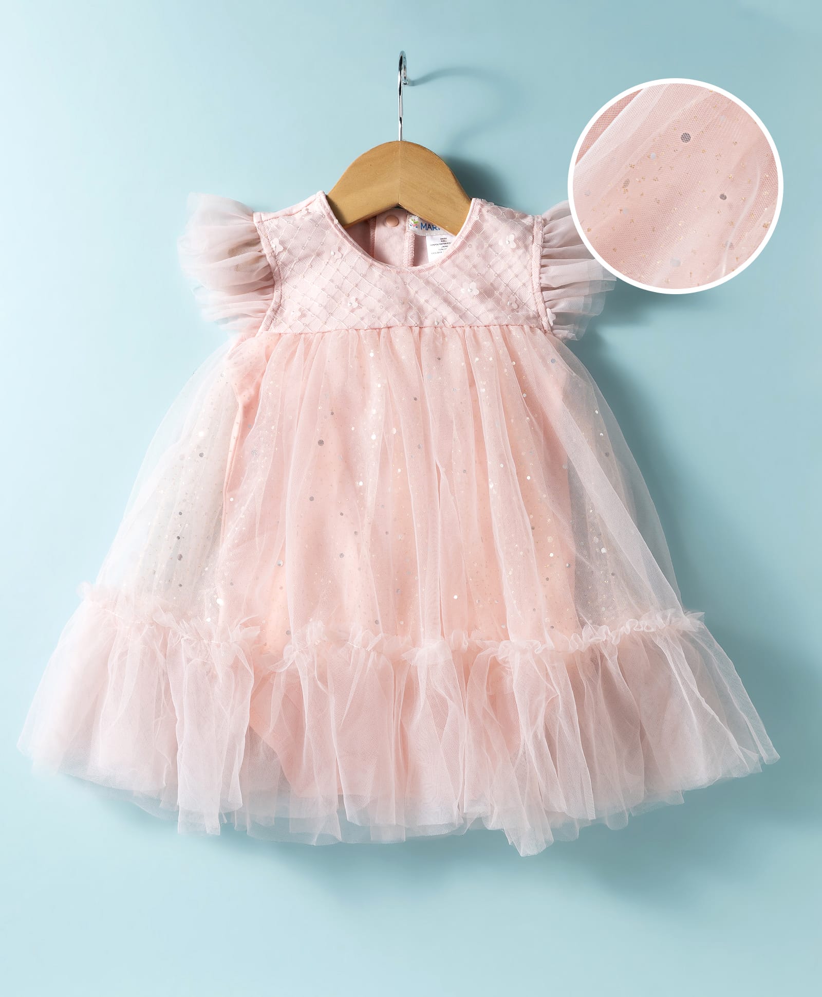 Mark & Mia Woven Frill Sleeves Frock Style Party Onesie With Shimmer & Sequin Detailing - Pink-image-43