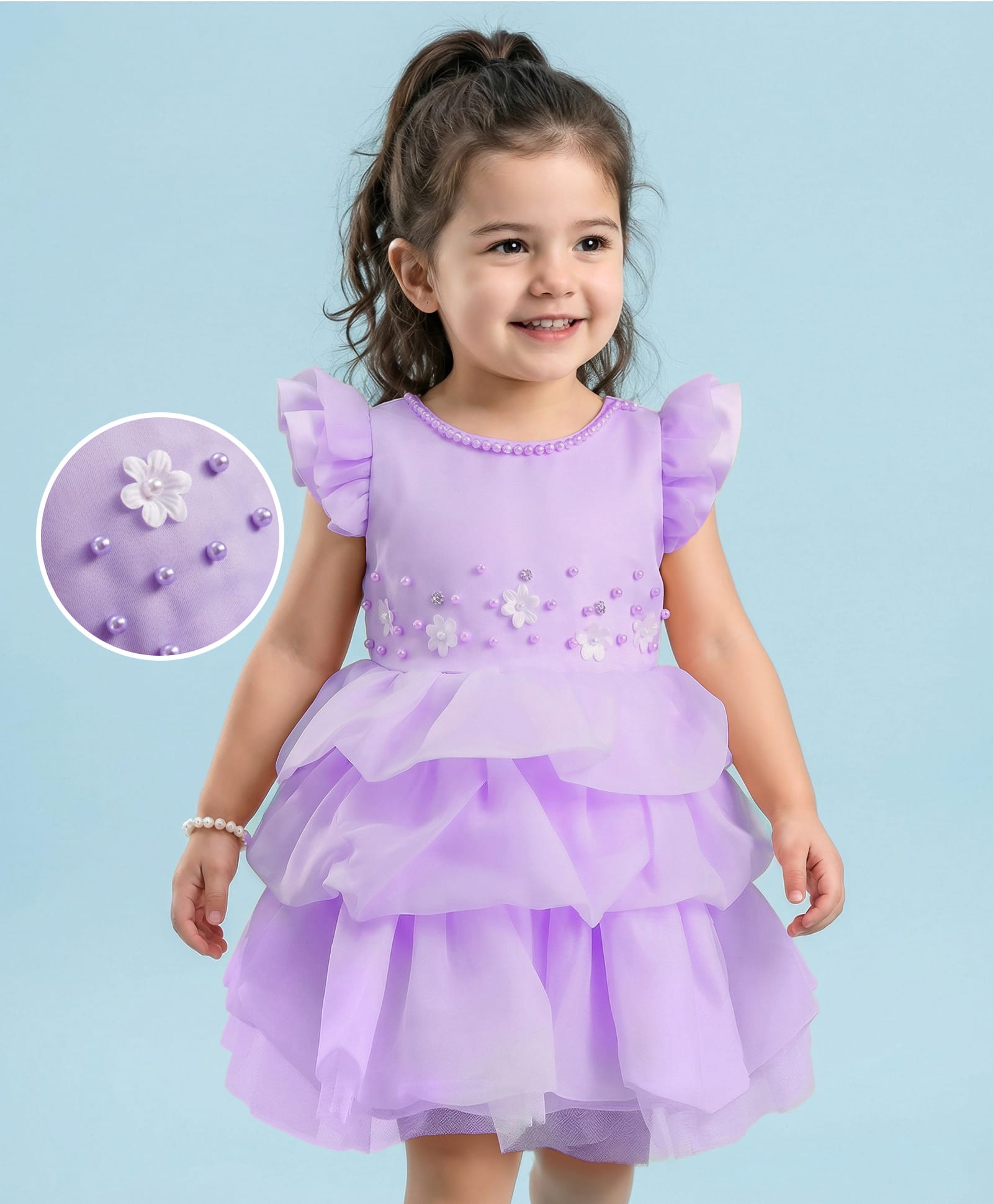 Mark & Mia Woven Frill Sleeves Layered Party Dress with Pearl & Floral Detailing - Lavender-image-36