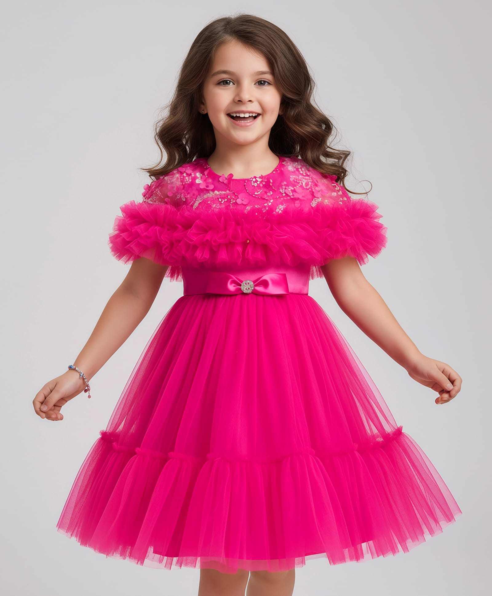 Mark & Mia Woven Half Sleeves Party Dress With Floral Applique & Sequin Detailing - Fuchsia